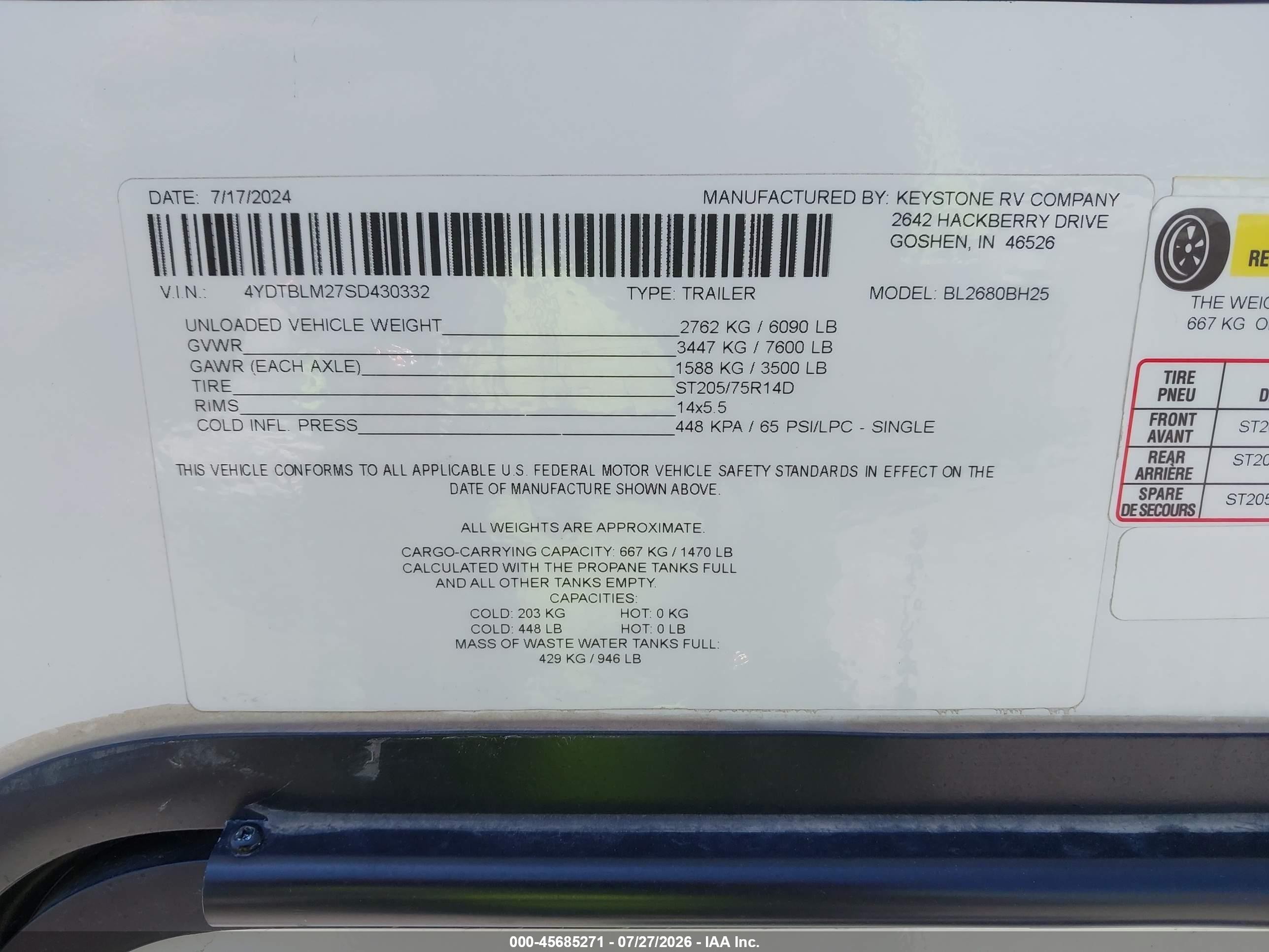 2025 Keystone Rv Bullet VIN 4YDTBLM27SD430332 IAAI salvage auction — Hail, Certificate Of Title (Nebraska), sold $7,900 on 2026-09-18 (photo 9)