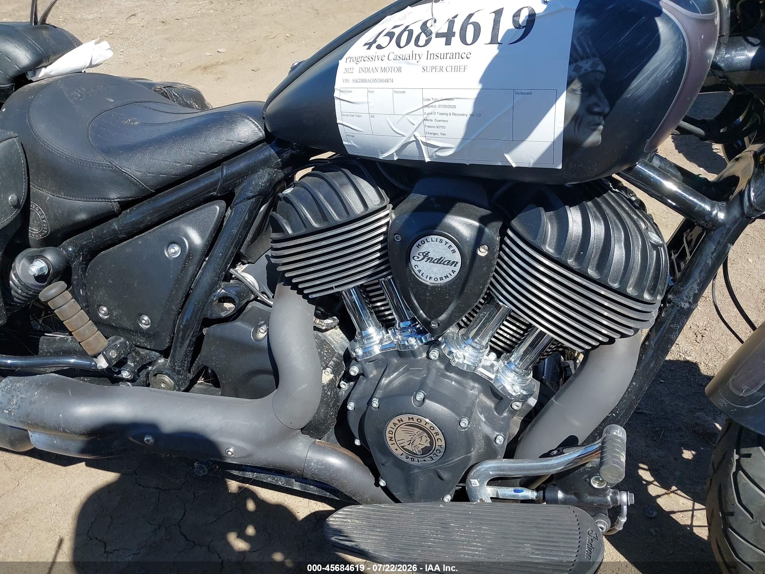 2022 Indian Motorcycle Co. Super Chief VIN 56KDBBAG9N3004874 IAAI salvage auction — Front End, Salvage (California), sold $2,575 on 2026-09-22 (photo 8)