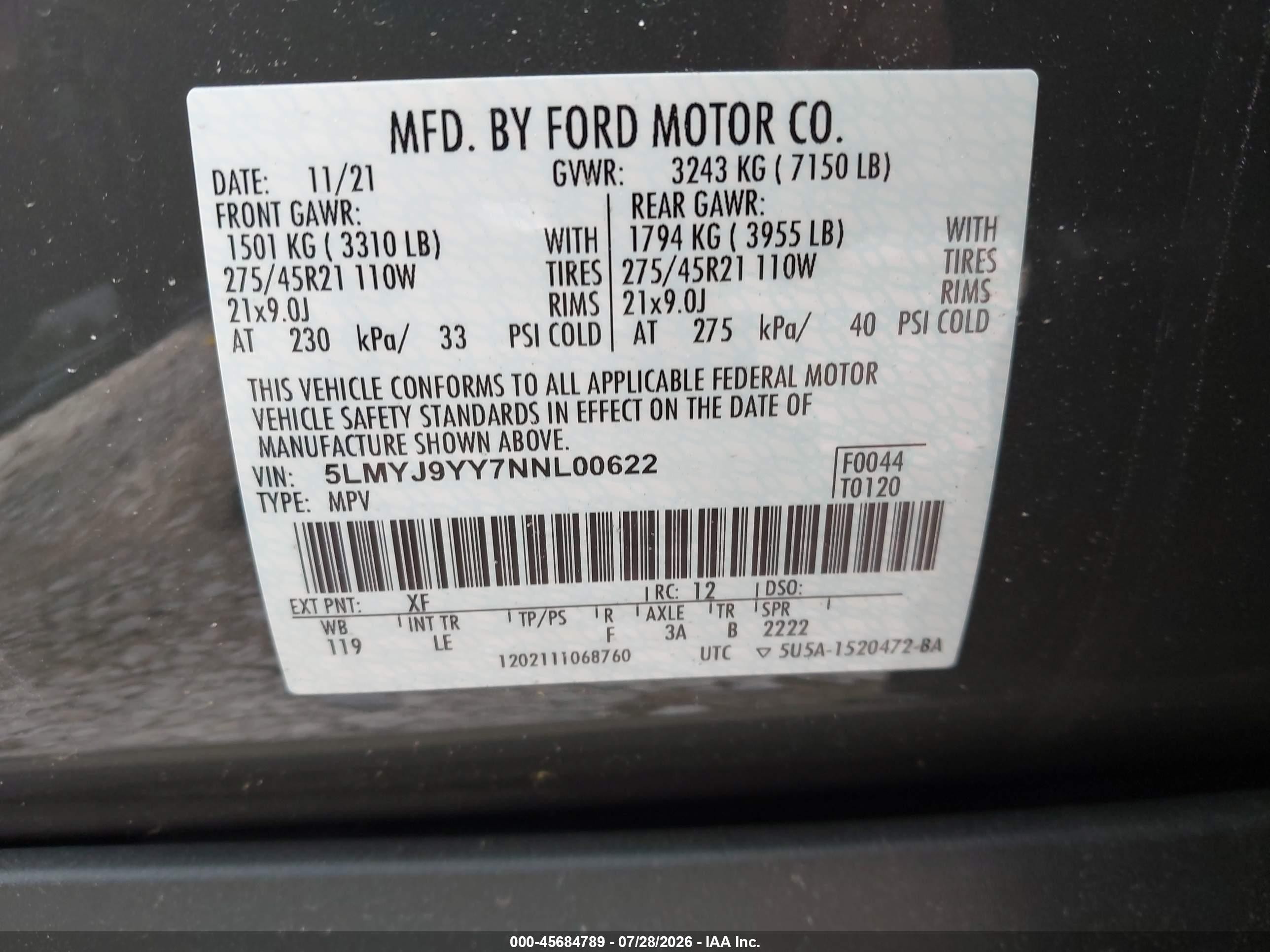 2022 Lincoln Aviator VIN 5LMYJ9YY7NNL00622 IAAI salvage auction — Front End, Salvage (Massachusetts), sold $18,700 on 2026-09-26 (photo 9)