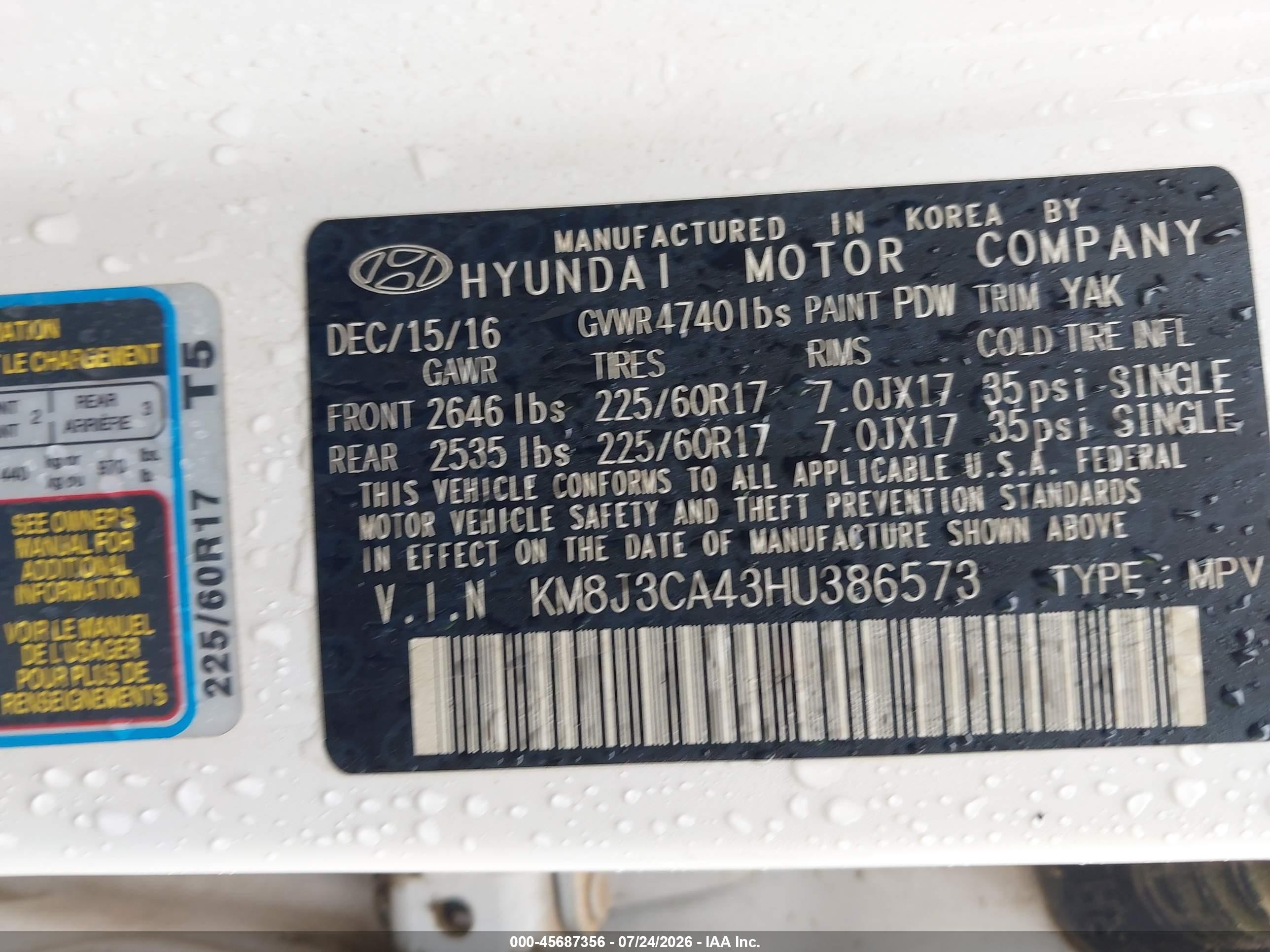 2017 Hyundai Tucson VIN KM8J3CA43HU386573 IAAI salvage auction — Side, Salvage (Georgia), sold $1,950 on 2026-09-08 (photo 9)
