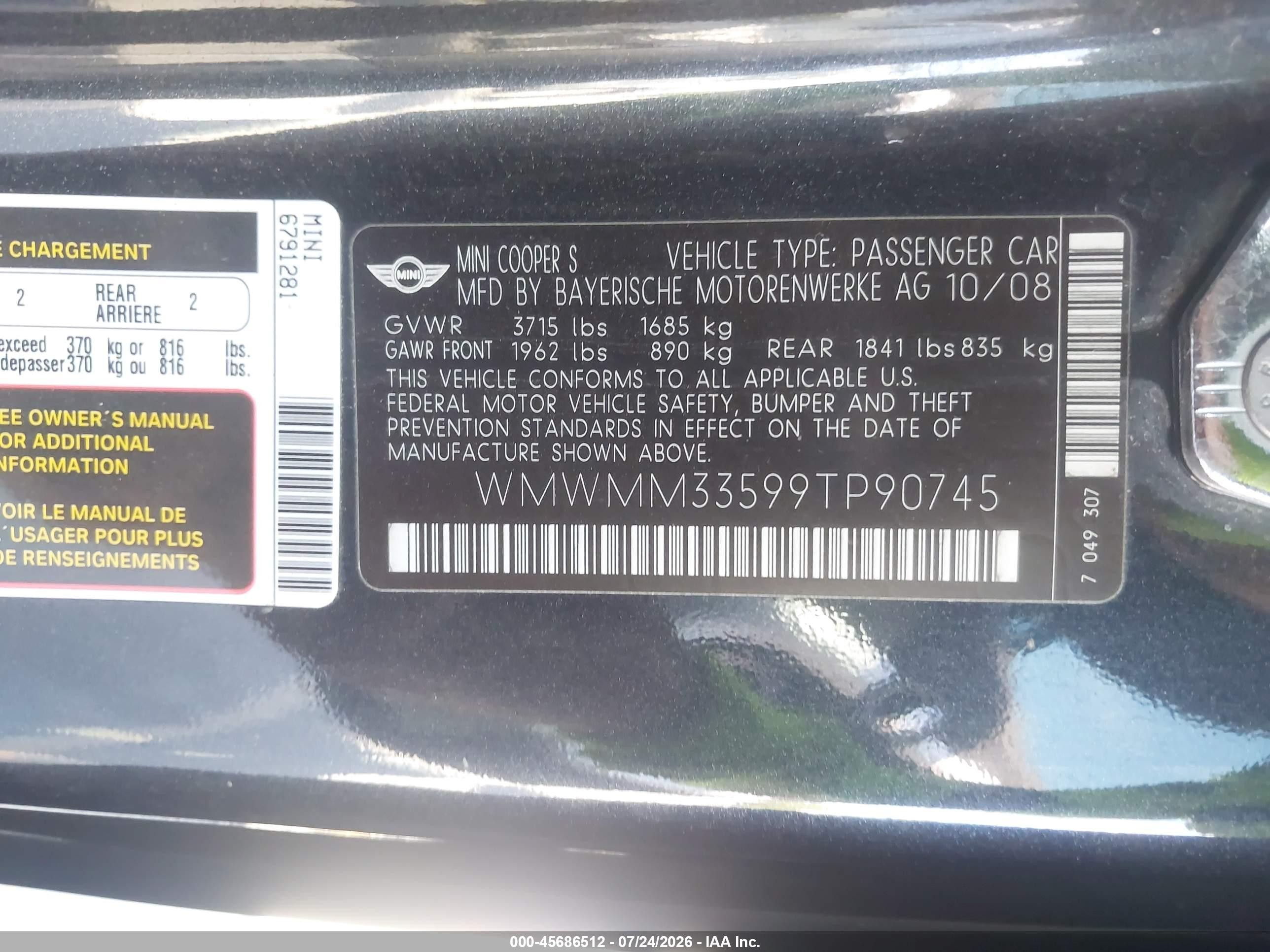 2009 Mini Cooper VIN WMWMM33599TP90745 IAAI salvage auction — Front End, Salvage (California), sold $300 on 2026-09-10 (photo 9)