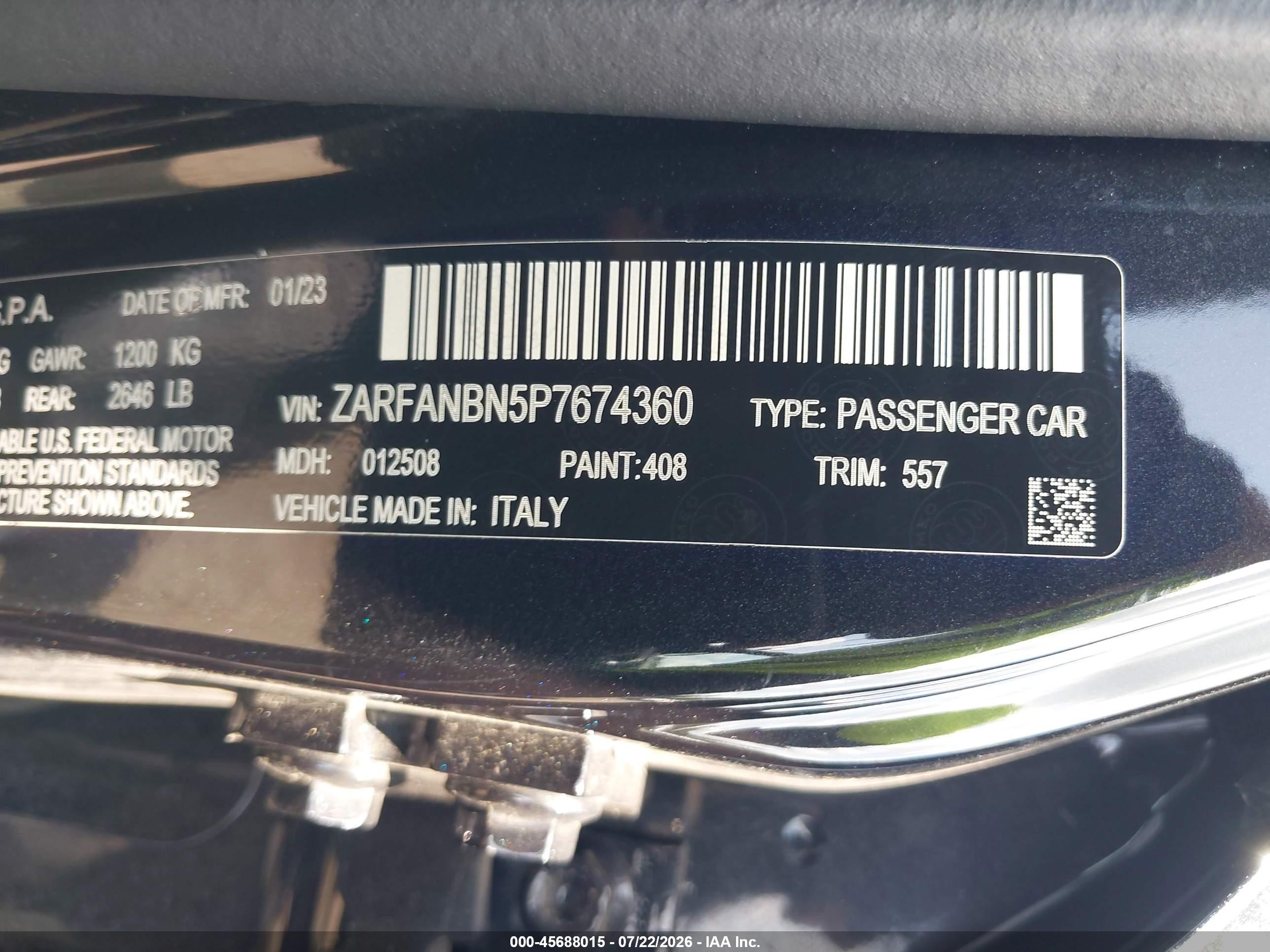 2023 Alfa Romeo Giulia VIN ZARFANBN5P7674360 IAAI salvage auction — Water/Flood, Salvage (Idaho), sold $7,900 on 2026-09-19 (photo 9)