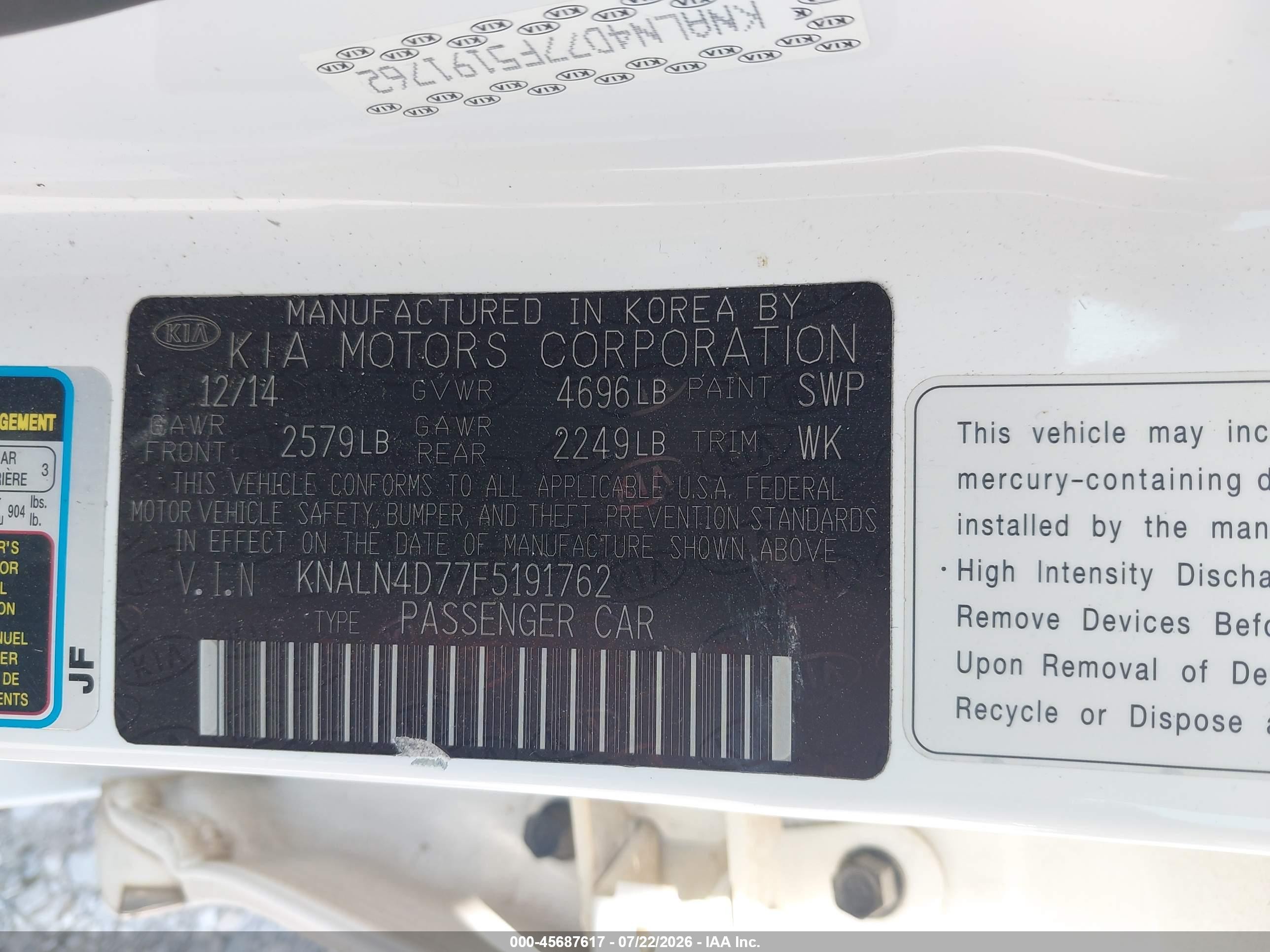 2015 Kia Cadenza VIN KNALN4D77F5191762 IAAI salvage auction — Rear End, Salvage (Missouri), sold $1,600 on 2026-09-23 (photo 9)