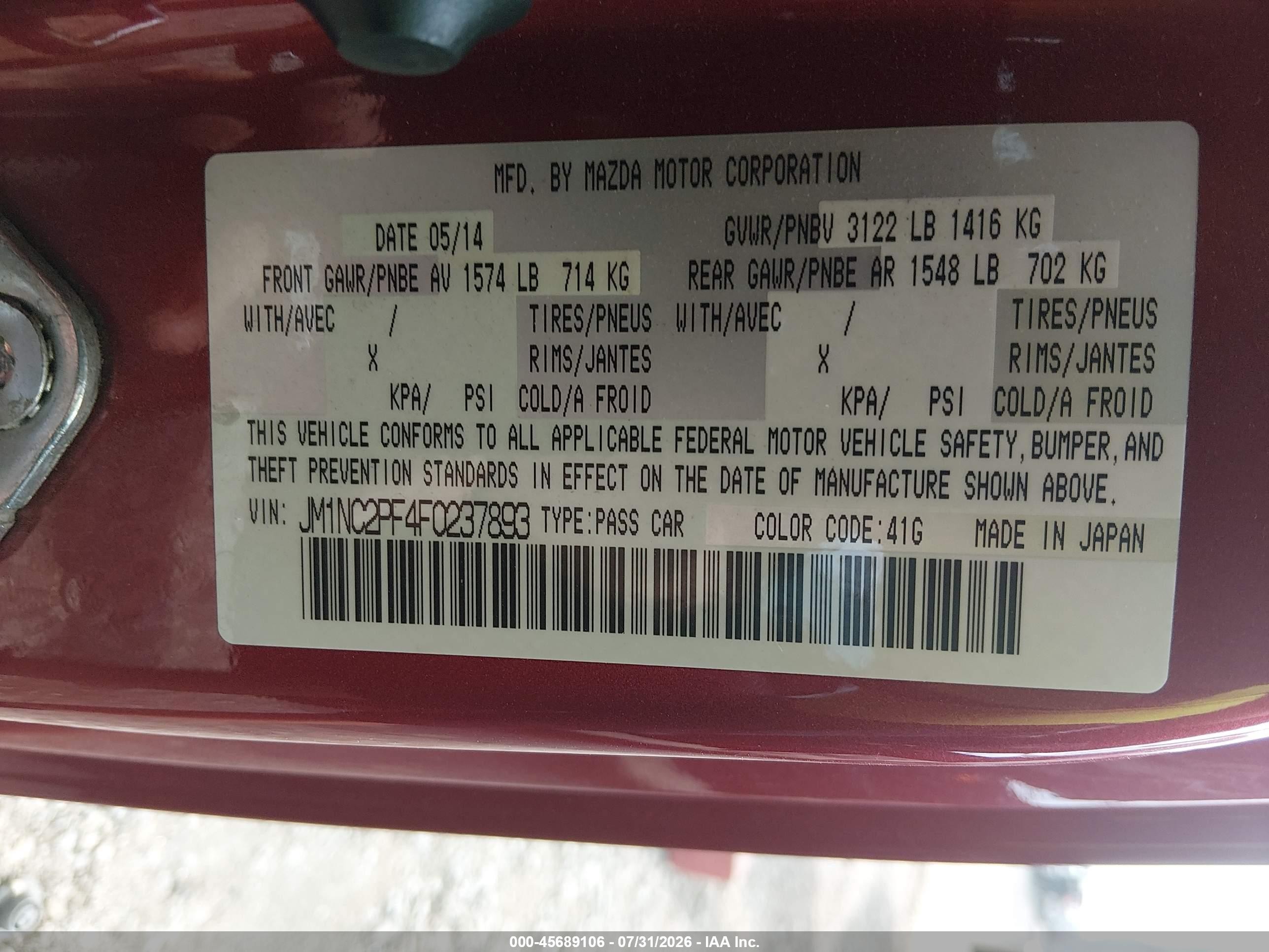 2015 Mazda Mx-5 VIN JM1NC2PF4F0237893 IAAI salvage auction — Front End, Clear (Arkansas), sold $3,150 on 2026-09-11 (photo 9)