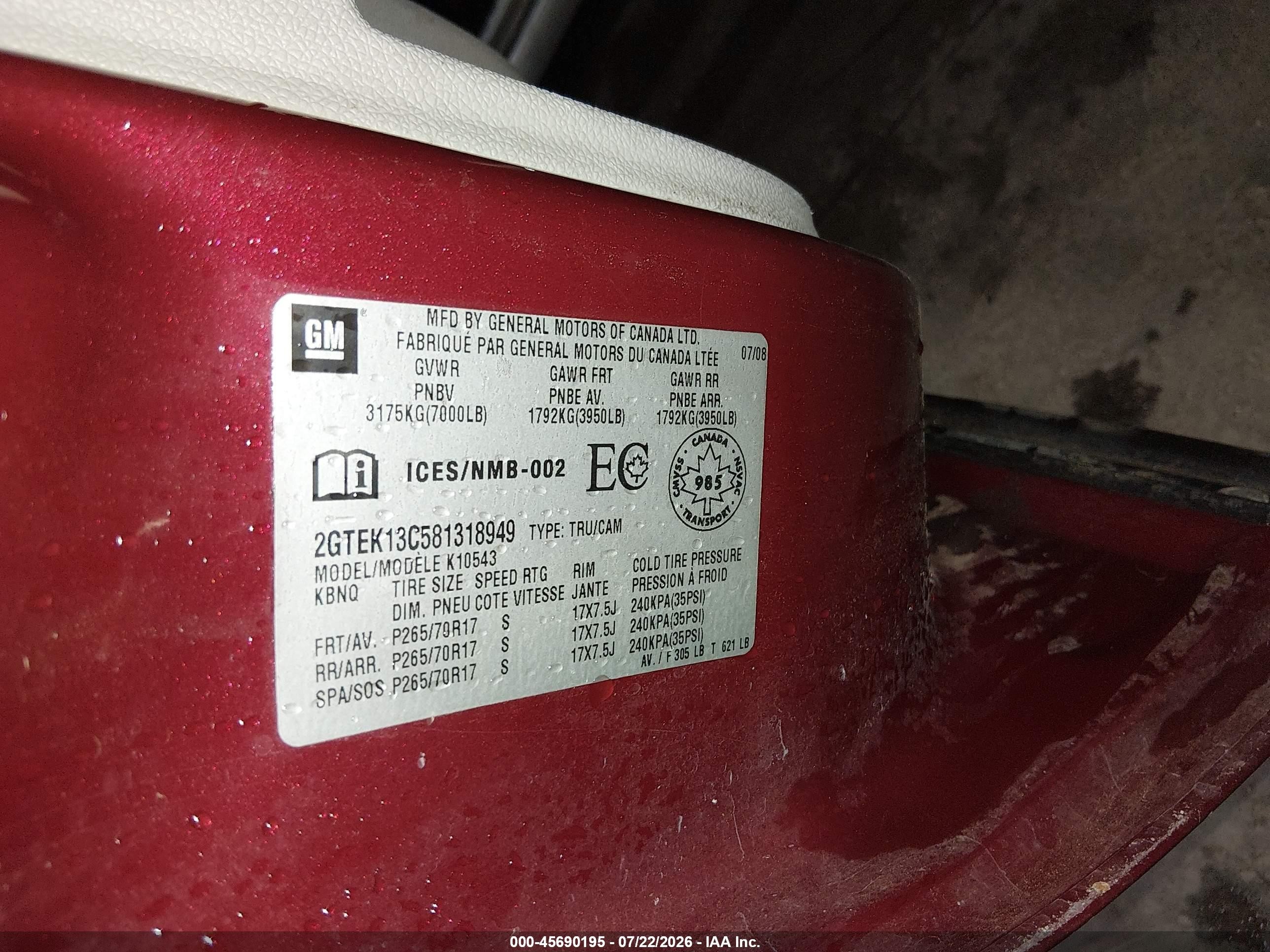 2008 Gmc Sierra 1500 VIN 2GTEK13C581318949 IAAI salvage auction — Unknown, Salvage (Idaho), sold $2,450 on 2026-09-10 (photo 9)