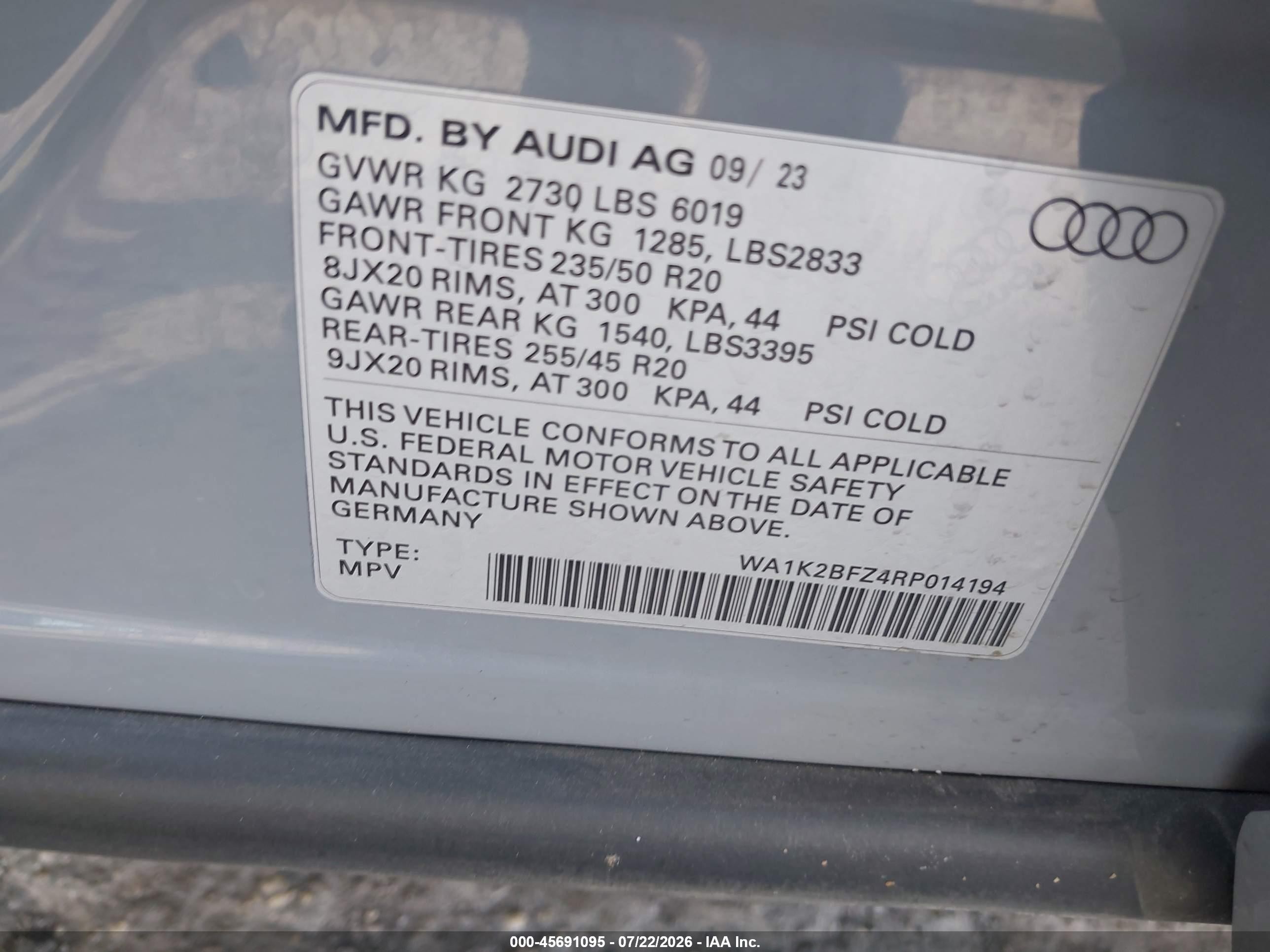2024 Audi Q4 e-tron VIN WA1K2BFZ4RP014194 IAAI salvage auction — Front End, Salvage (Pennsylvania), sold $11,300 on 2026-09-13 (photo 9)