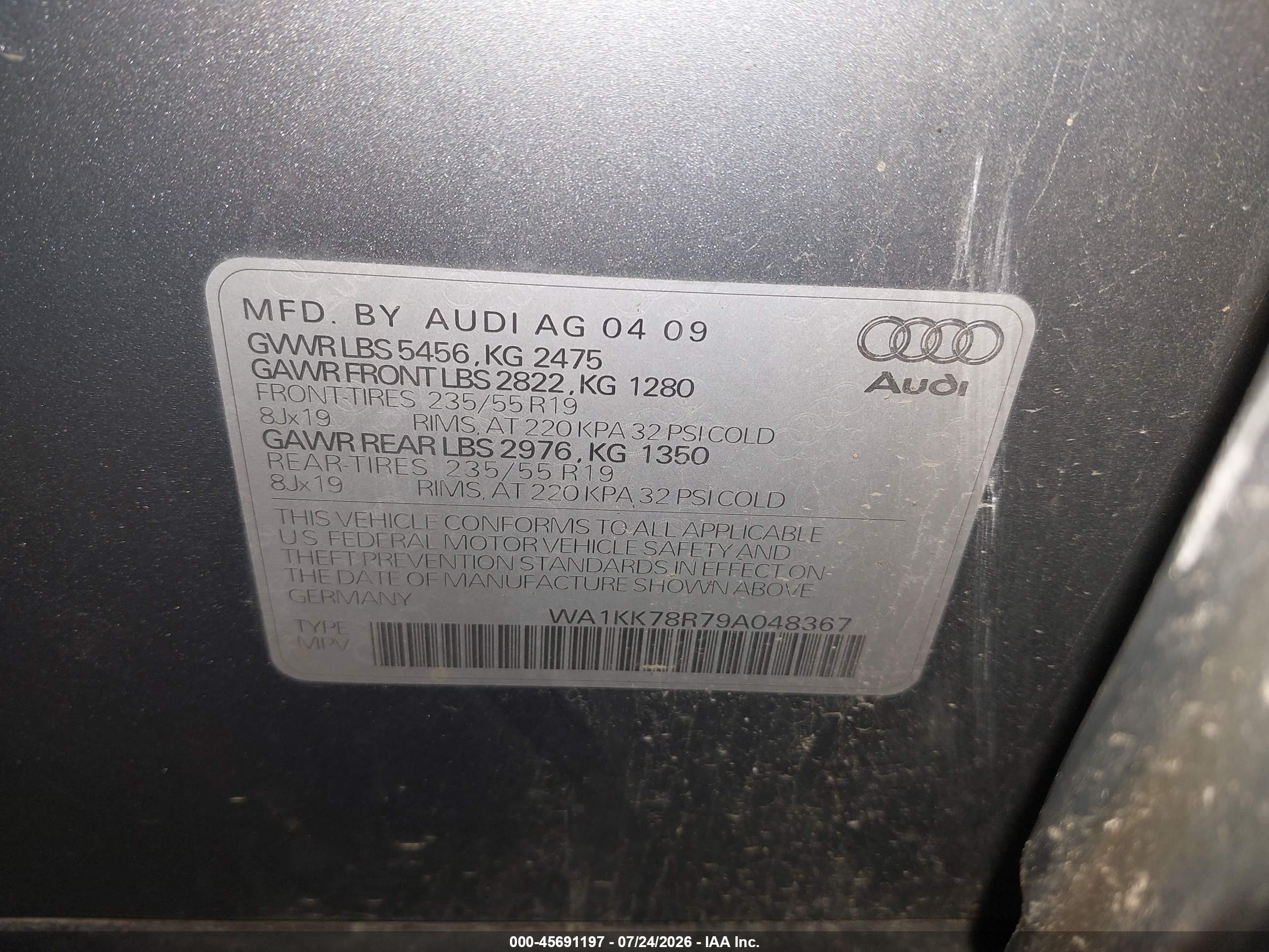 2009 Audi Q5 VIN WA1KK78R79A048367 IAAI salvage auction — Side, Salvage (Pennsylvania), sold $400 on 2026-09-19 (photo 9)
