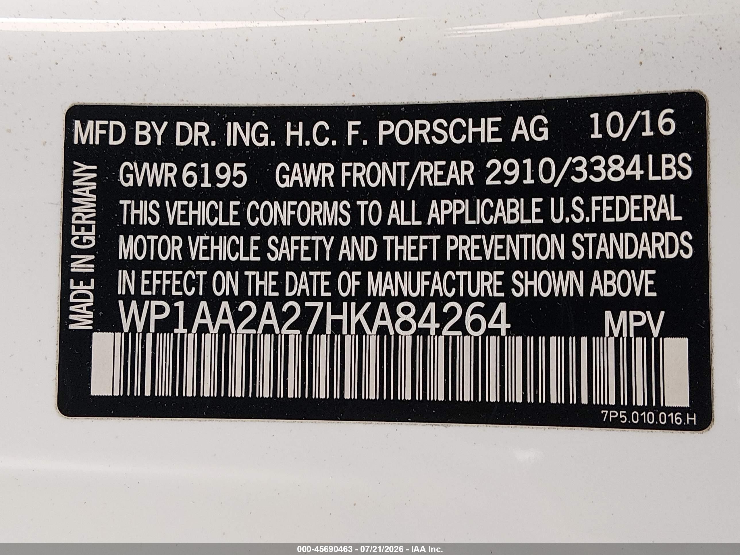 2017 Porsche Cayenne VIN WP1AA2A27HKA84264 IAAI salvage auction — Side, Salvage (California), sold $8,000 on 2026-09-06 (photo 9)