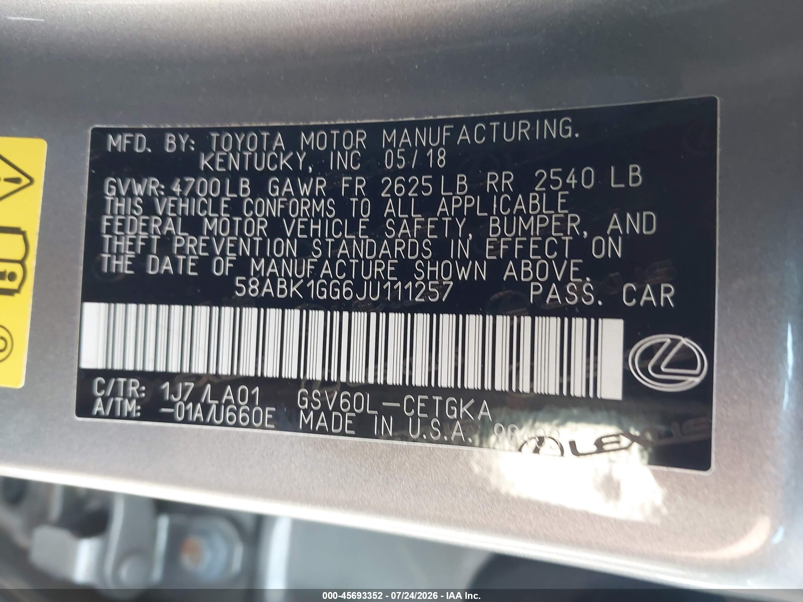 2018 Lexus ES 350 VIN 58ABK1GG6JU111257 IAAI salvage auction — Front End, Salvage (Idaho), sold $11,100 on 2026-09-11 (photo 9)