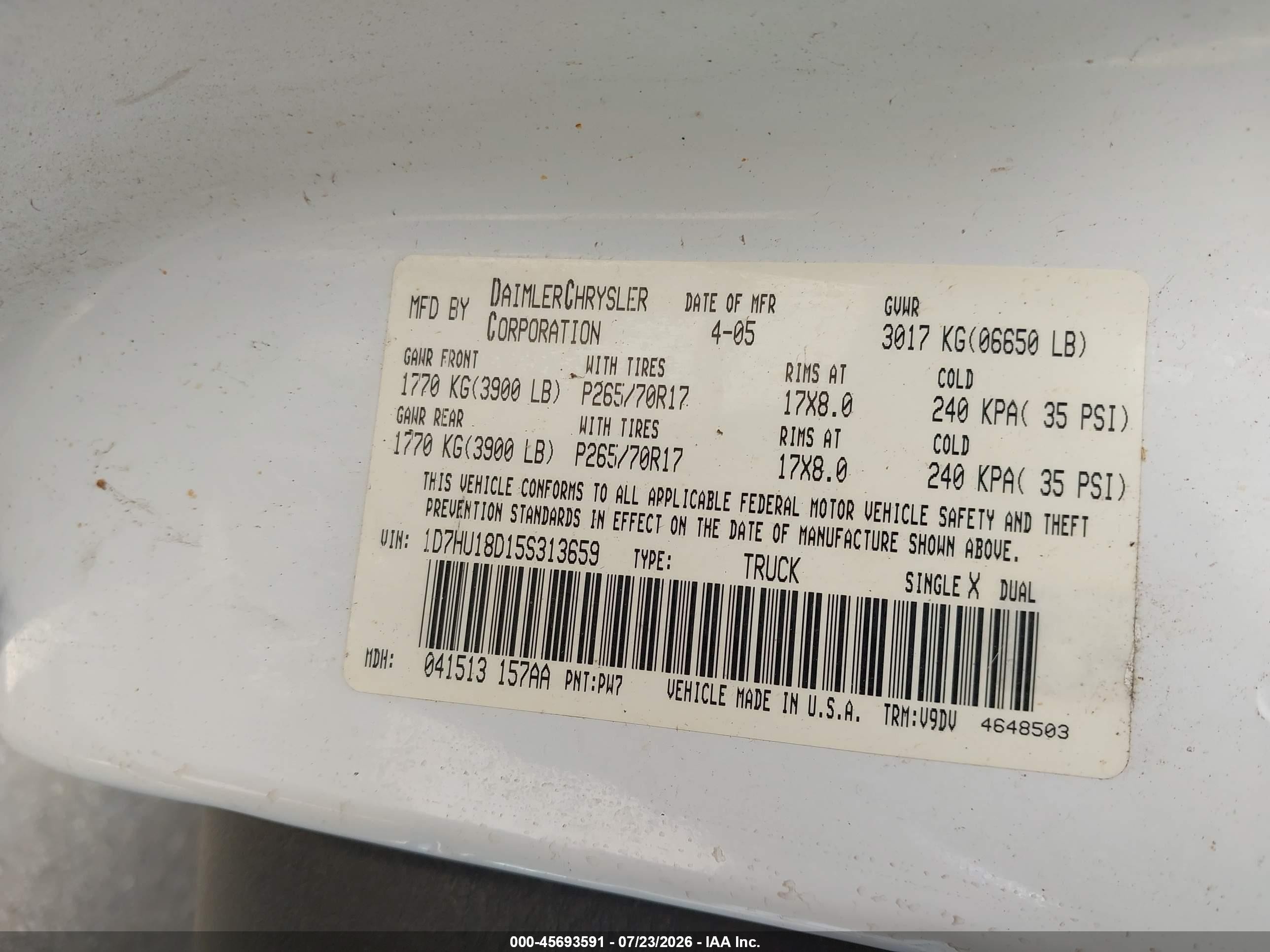 2005 Dodge Ram 1500 VIN 1D7HU18D15S313659 IAAI salvage auction — Normal Wear, Clear (Illinois), sold $450 on 2026-09-09 (photo 9)