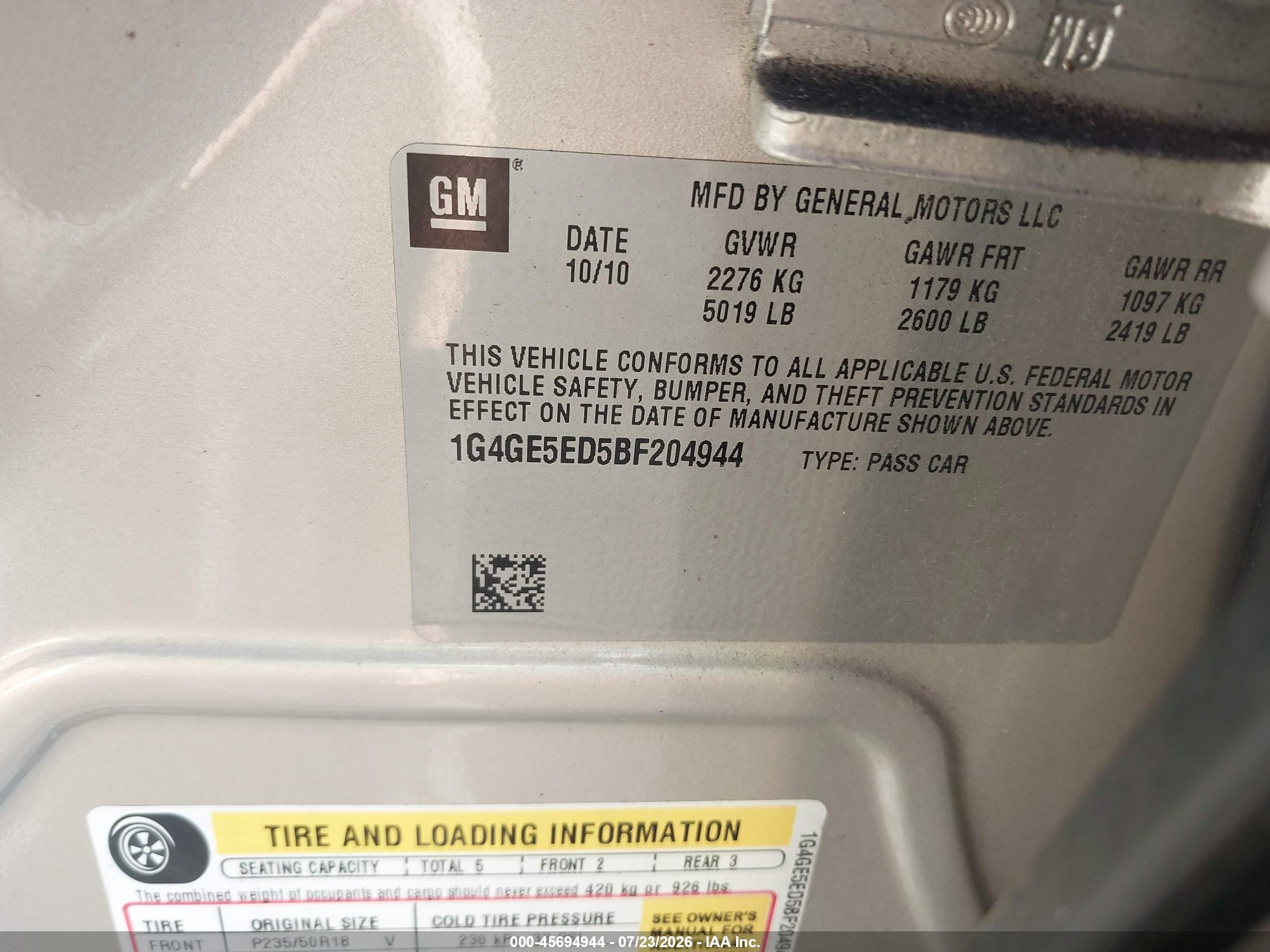 2011 Buick LaCrosse VIN 1G4GE5ED5BF204944 IAAI salvage auction — Mechanical, Salvage (Idaho), sold $475 on 2026-09-27 (photo 9)