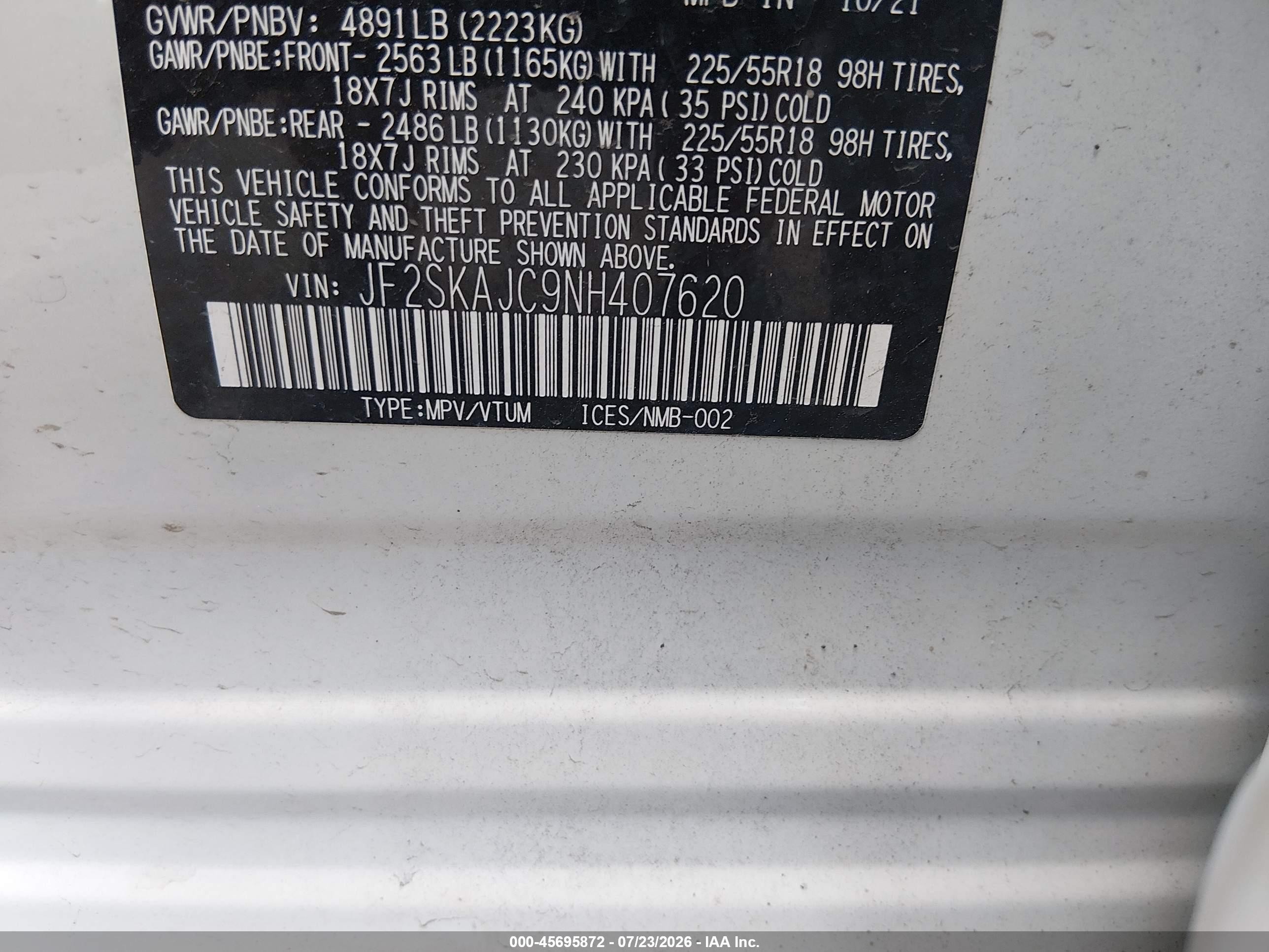 2022 Subaru Forester VIN JF2SKAJC9NH407620 IAAI salvage auction — Side, Salvage (Nevada), sold $4,050 on 2026-09-23 (photo 9)