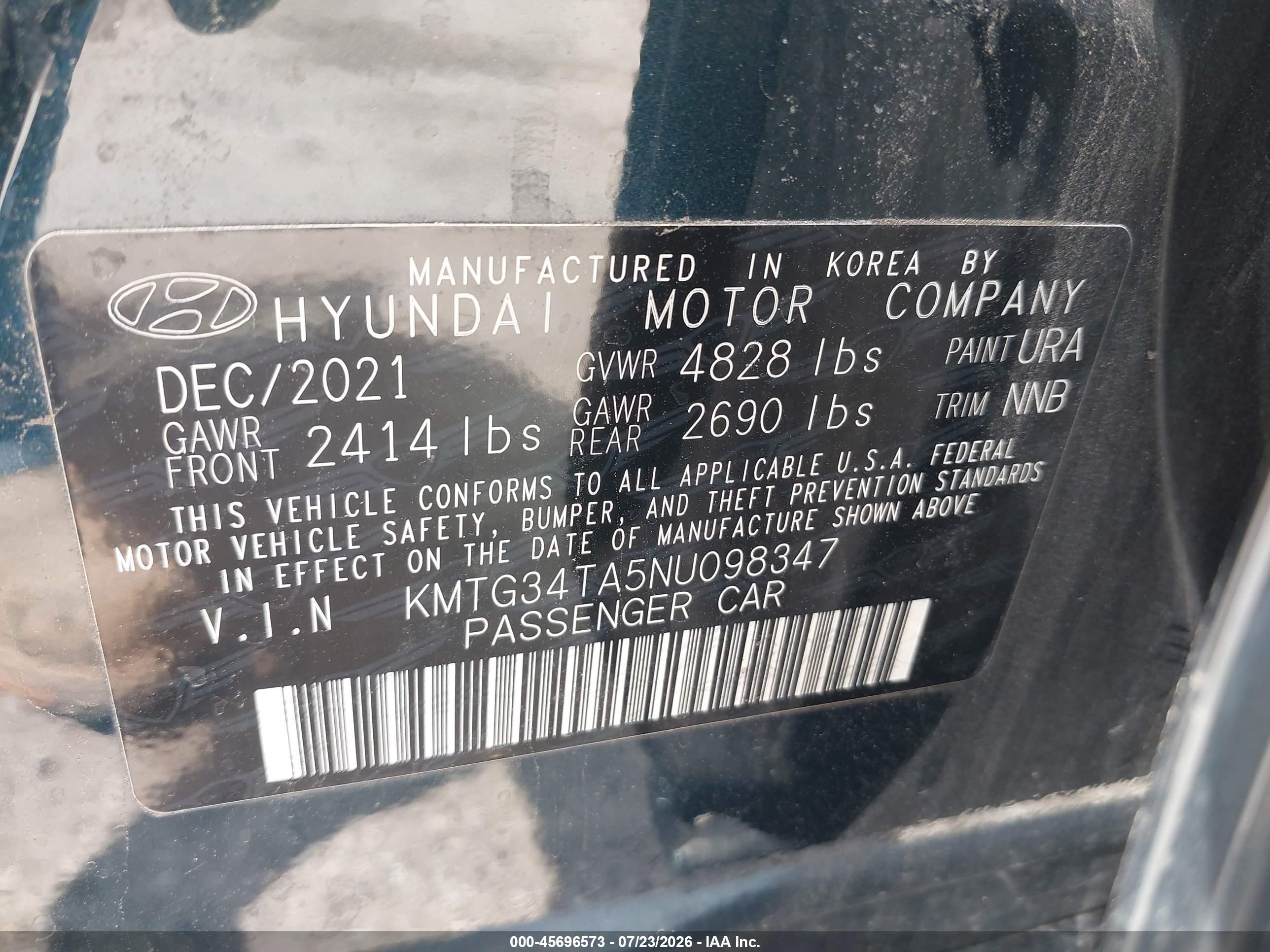 2022 Genesis G70 VIN KMTG34TA5NU098347 IAAI salvage auction — Front End, Salvage (Illinois), sold $7,900 on 2026-09-19 (photo 9)