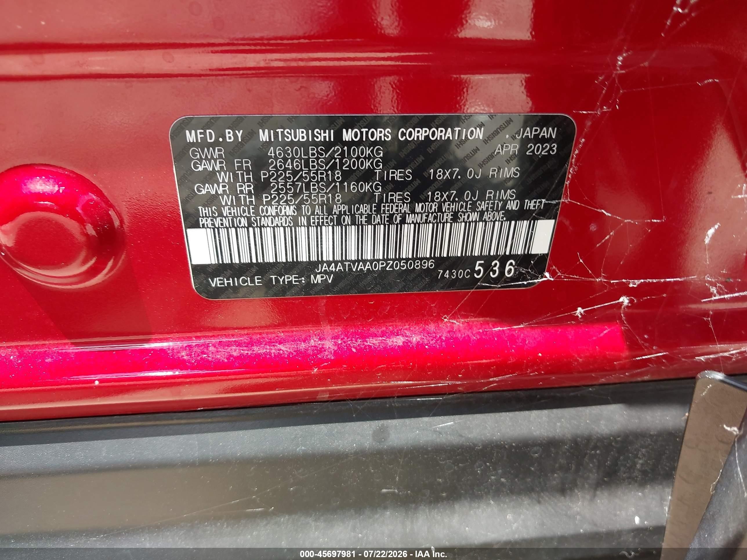 2023 Mitsubishi Eclipse cross VIN JA4ATVAA0PZ050896 IAAI salvage auction — Top/Roof, Original (Texas), sold $7,000 on 2026-10-01 (photo 9)