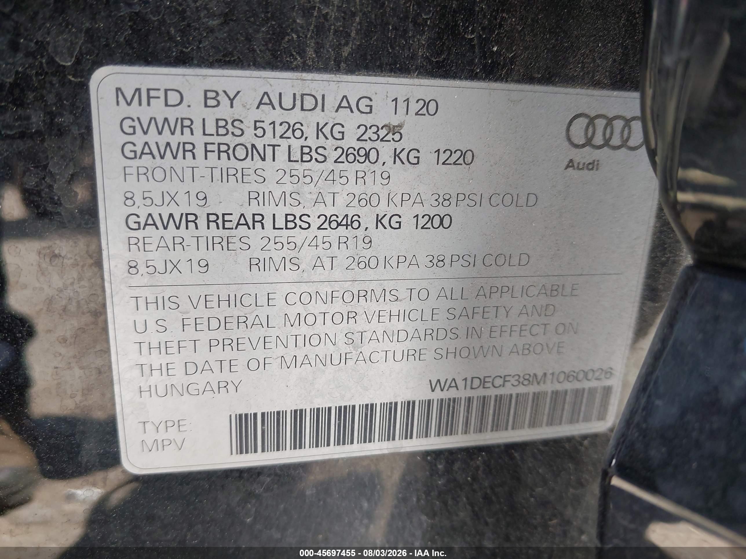 2021 Audi Q3 VIN WA1DECF38M1060026 IAAI salvage auction — Front End, Original (Texas), sold $8,700 on 2026-09-07 (photo 9)