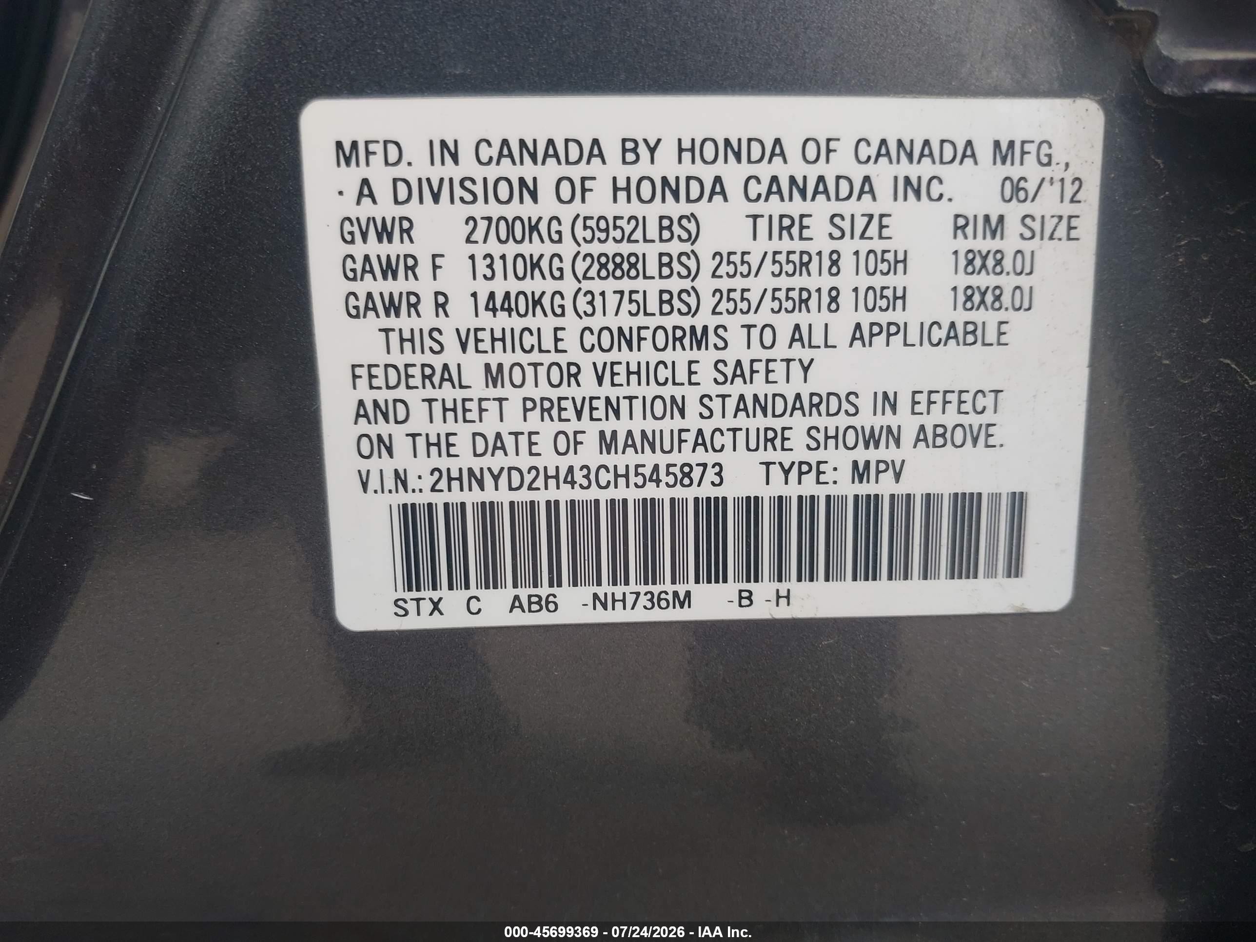 2012 Acura MDX VIN 2HNYD2H43CH545873 IAAI salvage auction — Unknown, Prior Salvage (Minnesota), sold $1,000 on 2026-09-12 (photo 9)