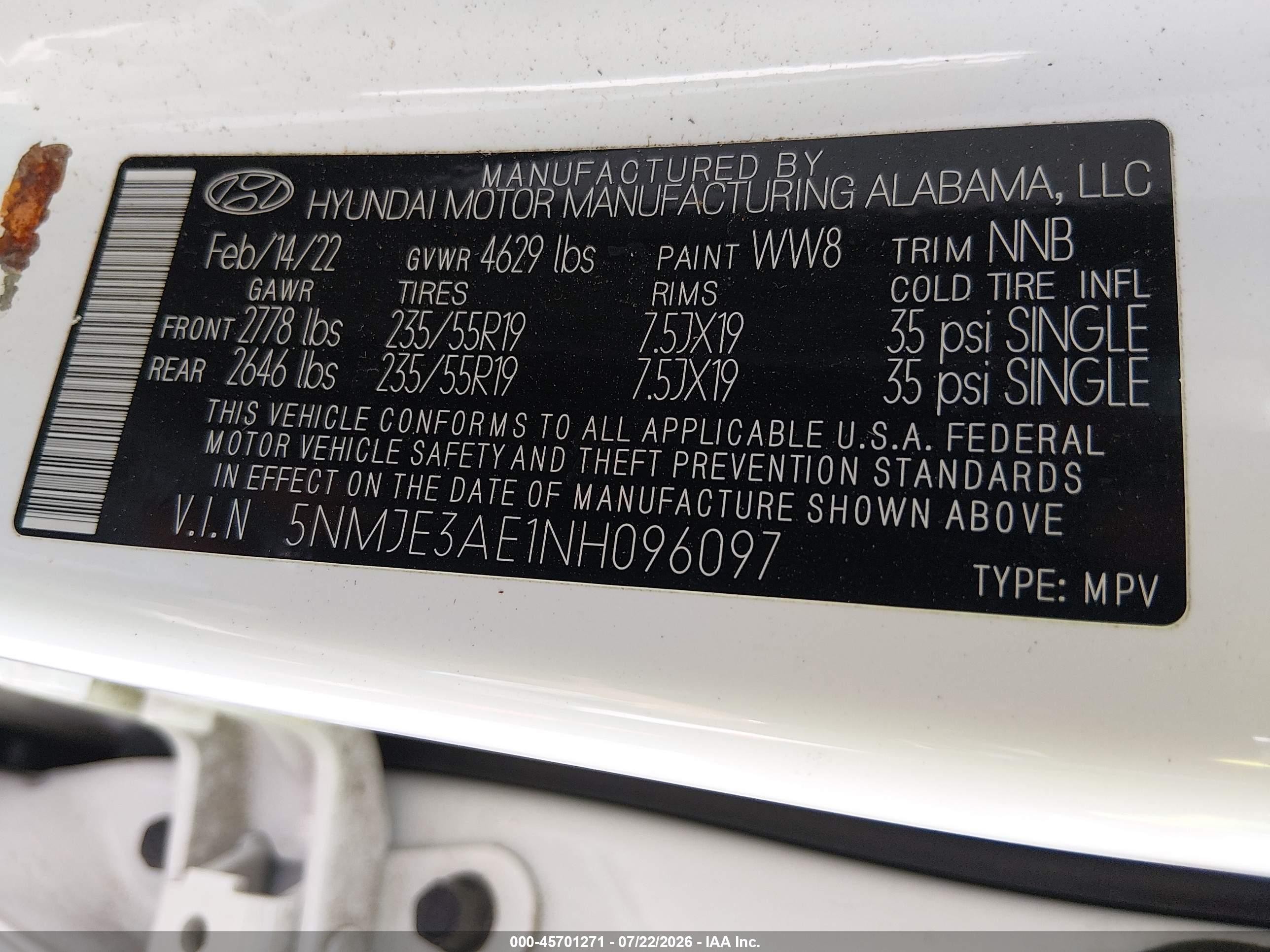 2022 Hyundai Tucson VIN 5NMJE3AE1NH096097 IAAI salvage auction — Side, Salvage (Georgia), sold $7,700 on 2026-09-01 (photo 9)