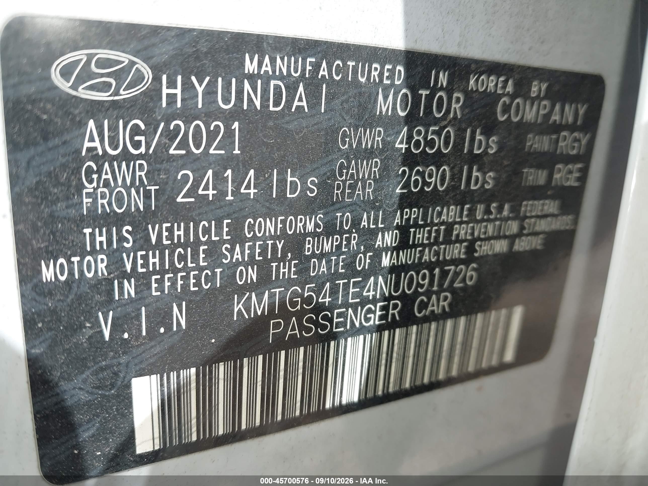 2022 Genesis G70 VIN KMTG54TE4NU091726 IAAI salvage auction — Front & Rear, Salvage (Alabama), sold $3,750 on 2026-09-12 (photo 9)