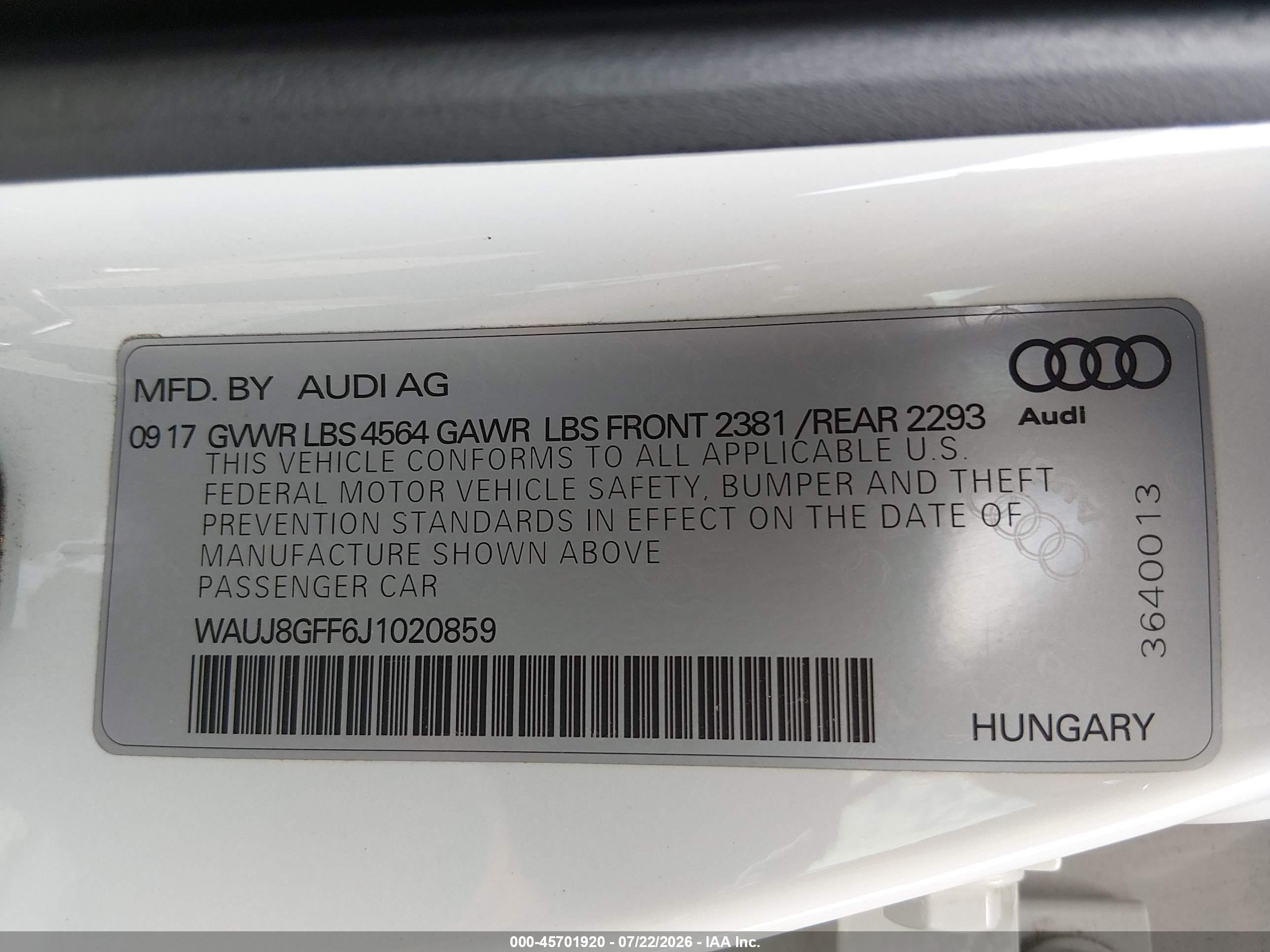 2018 Audi A3 VIN WAUJ8GFF6J1020859 IAAI salvage auction — Rear End, Salvage (Oregon), sold $6,100 on 2026-09-11 (photo 9)