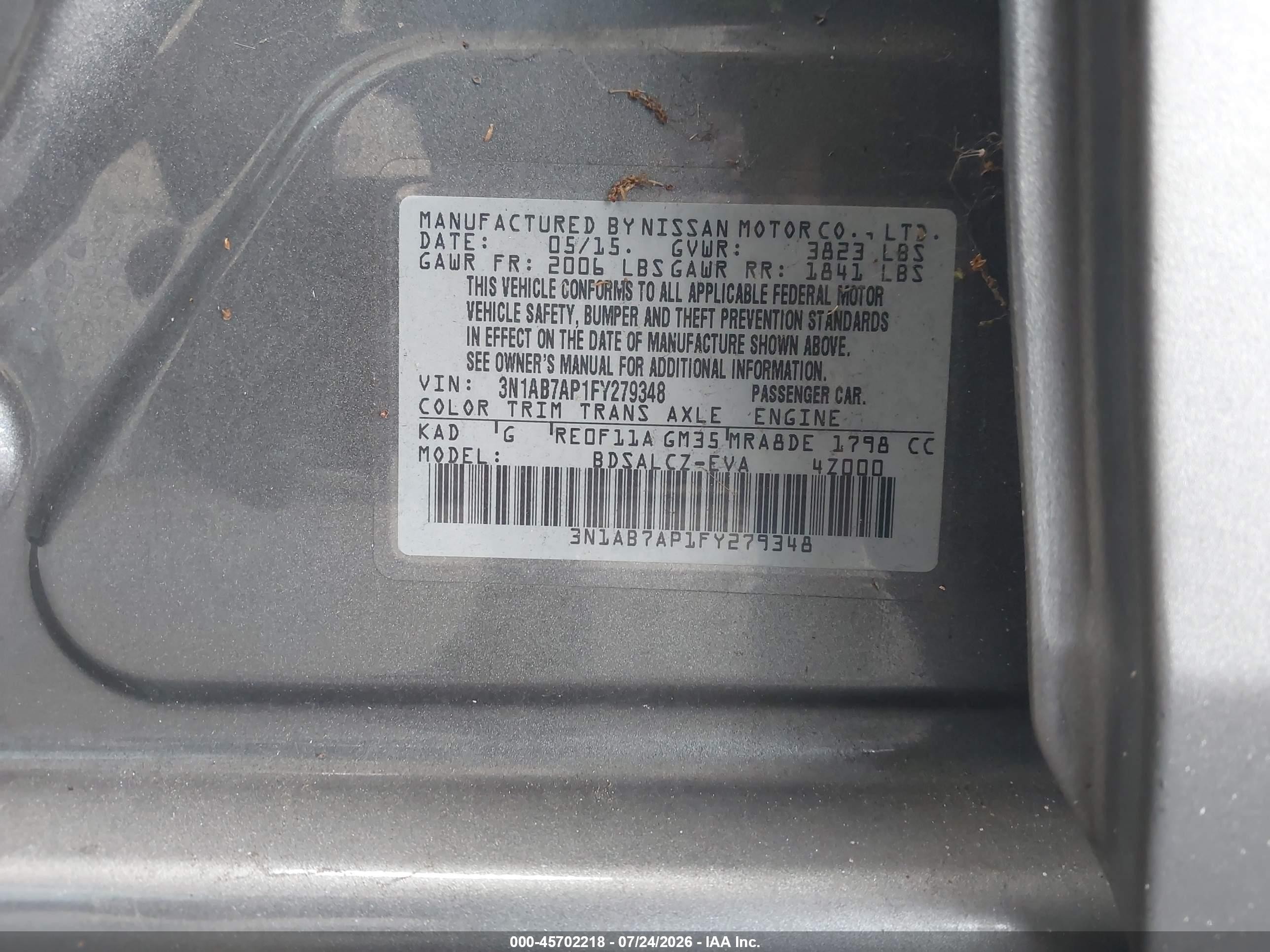 2015 Nissan Sentra VIN 3N1AB7AP1FY279348 IAAI salvage auction — Normal Wear, Clear (Montana), sold $350 on 2026-09-09 (photo 9)
