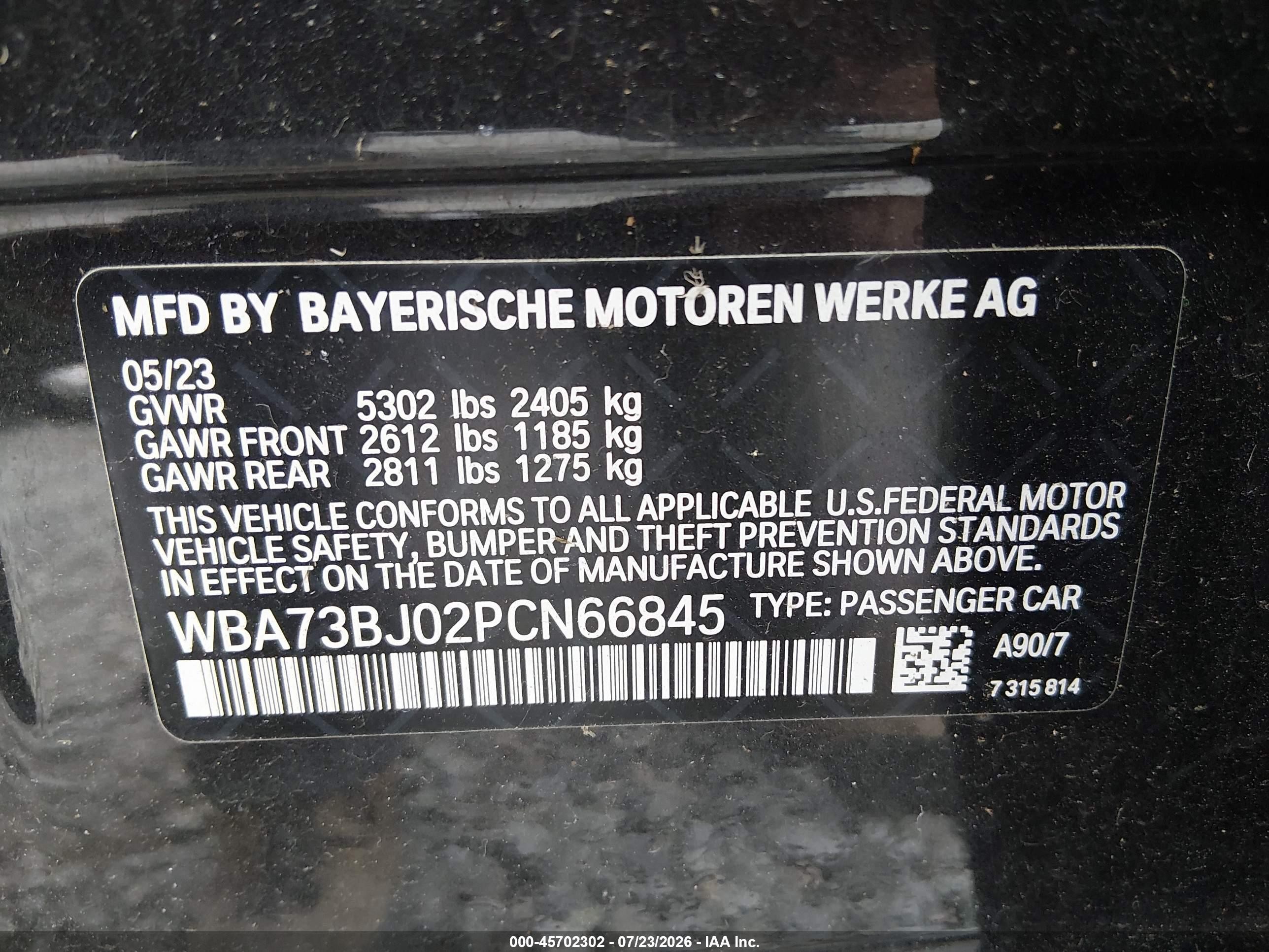 2023 BMW 5 Series VIN WBA73BJ02PCN66845 IAAI salvage auction — Unknown, Bill Of Sale (Washington), sold $30,500 on 2026-08-13 (photo 9)