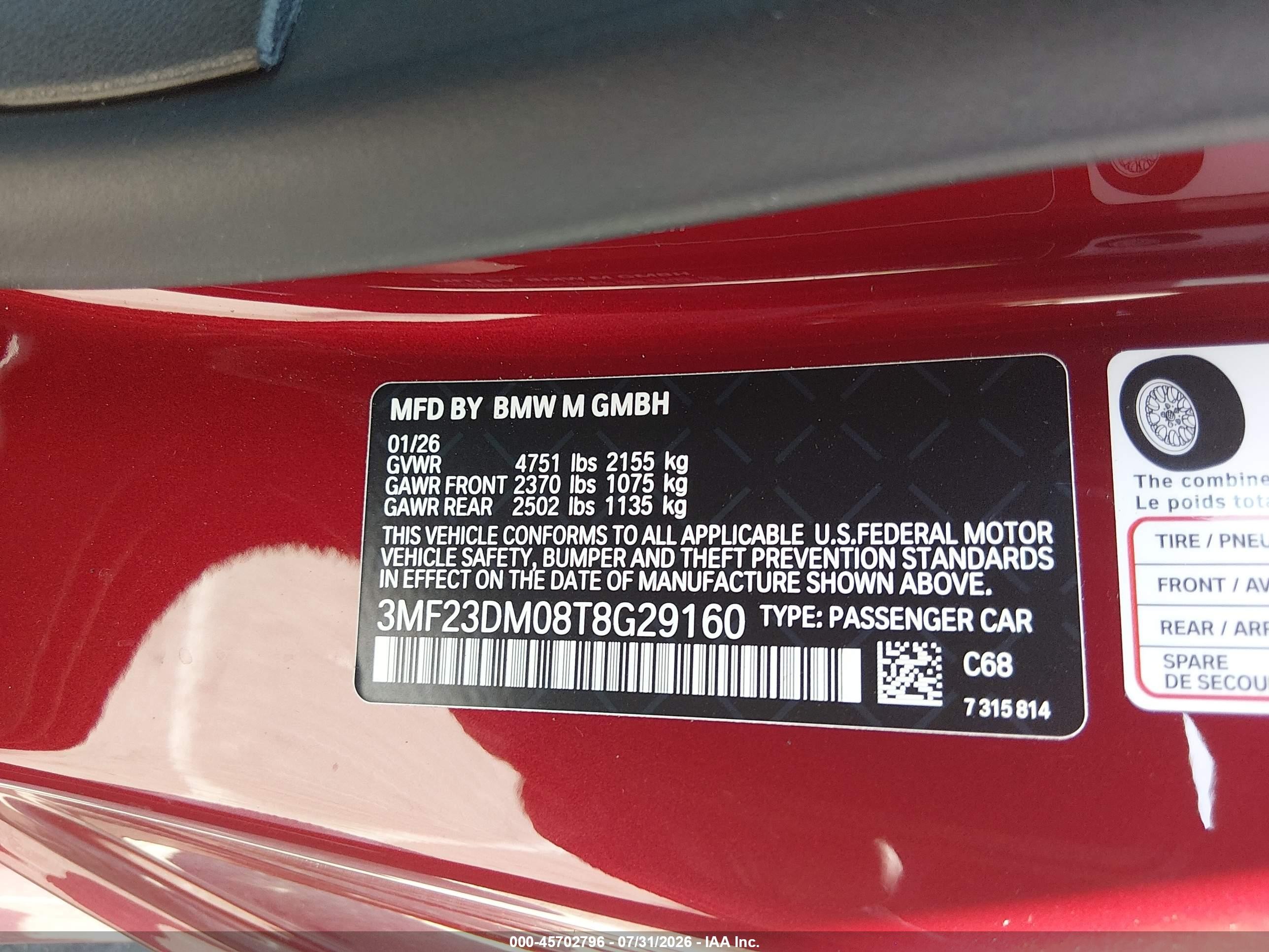 2026 BMW M2 VIN 3MF23DM08T8G29160 IAAI salvage auction — Water/Flood, Salvage (Idaho), sold $43,000 on 2026-09-25 (photo 9)
