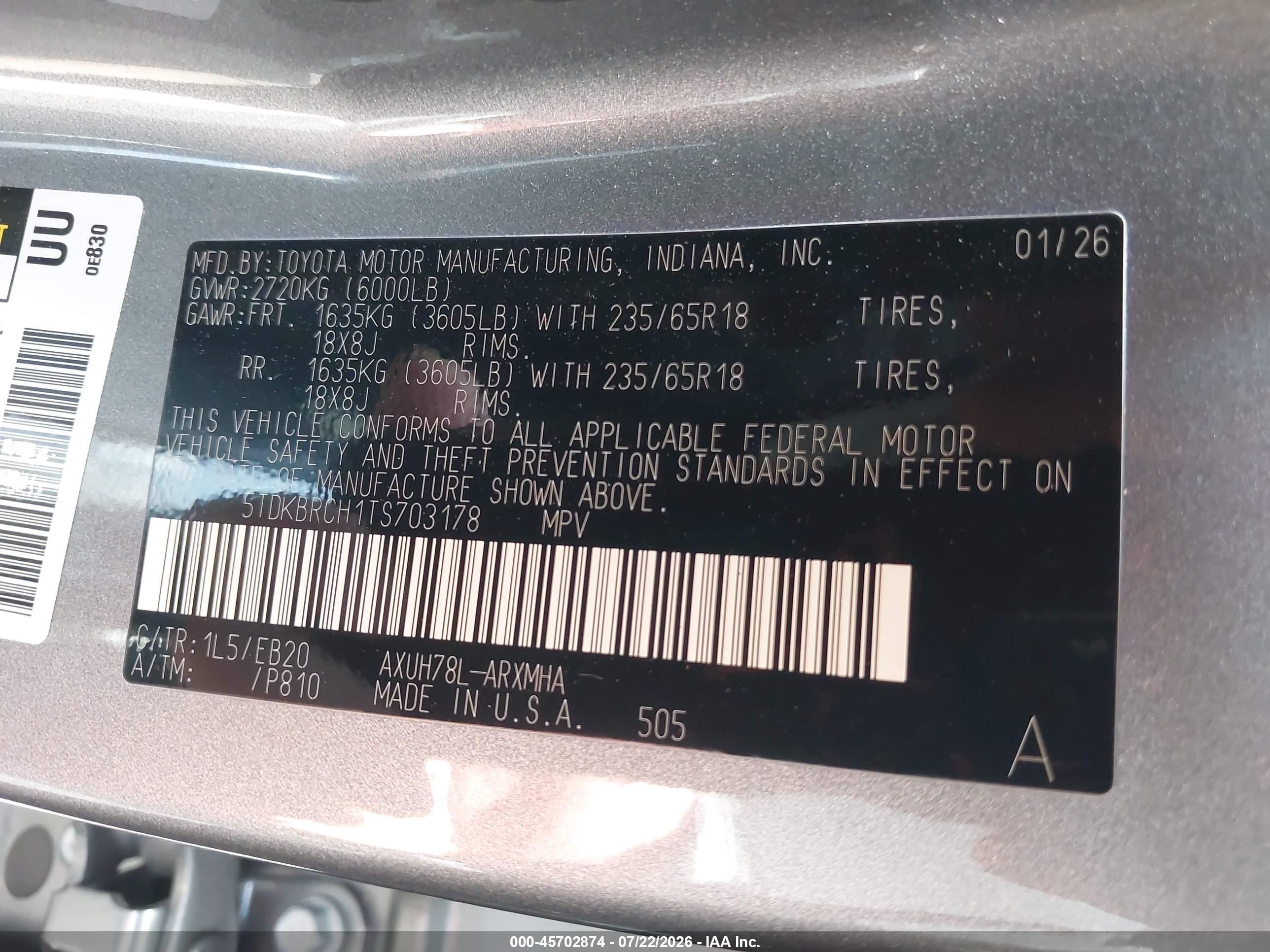 2026 Toyota Highlander Hybrid VIN 5TDKBRCH1TS703178 IAAI salvage auction — Side, Salvage (Pennsylvania), sold $22,800 on 2026-08-22 (photo 9)