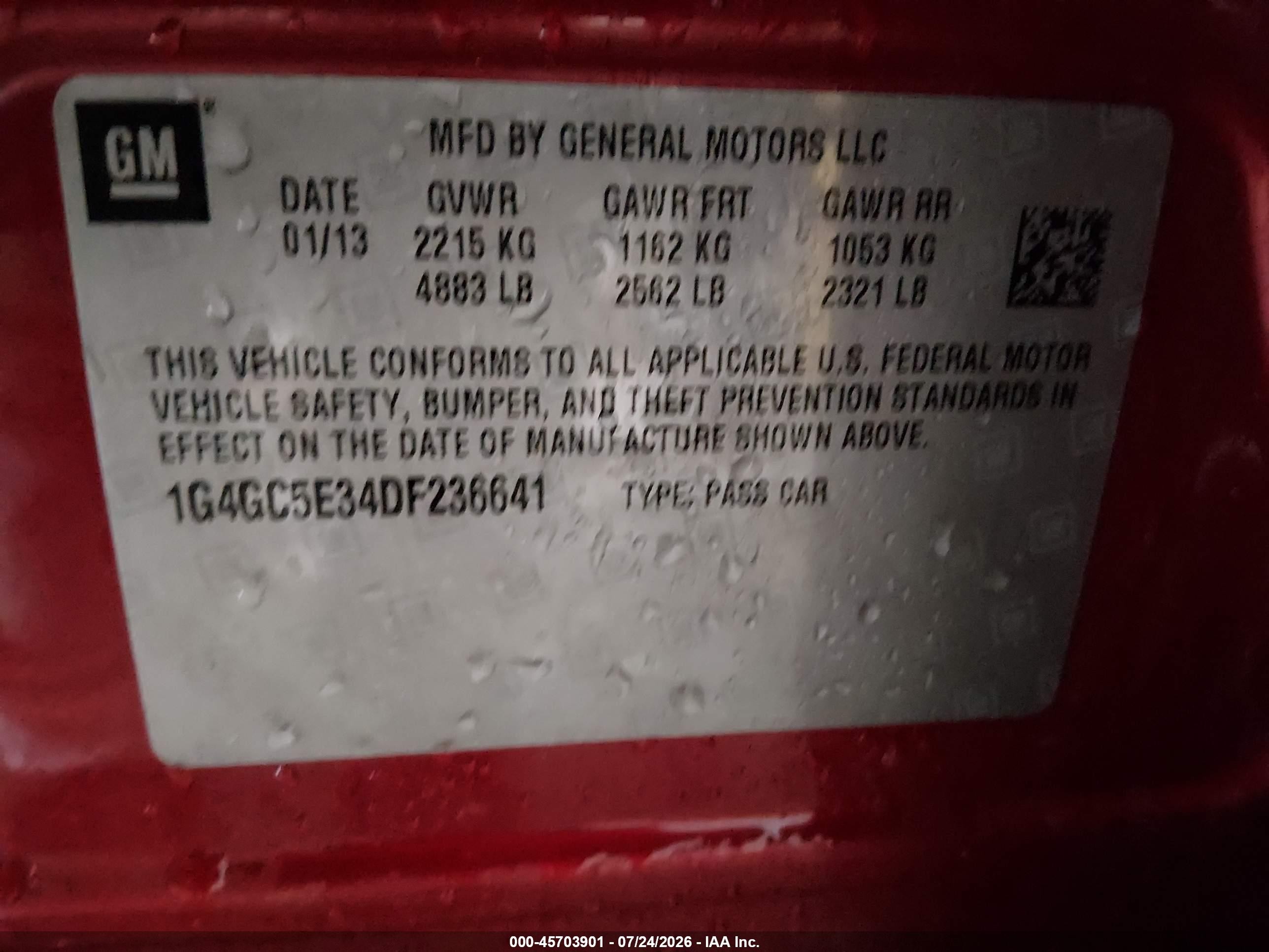 2013 Buick LaCrosse VIN 1G4GC5E34DF236641 IAAI salvage auction — Front End, Wait Title, sold $1,300 on 2026-09-21 (photo 9)