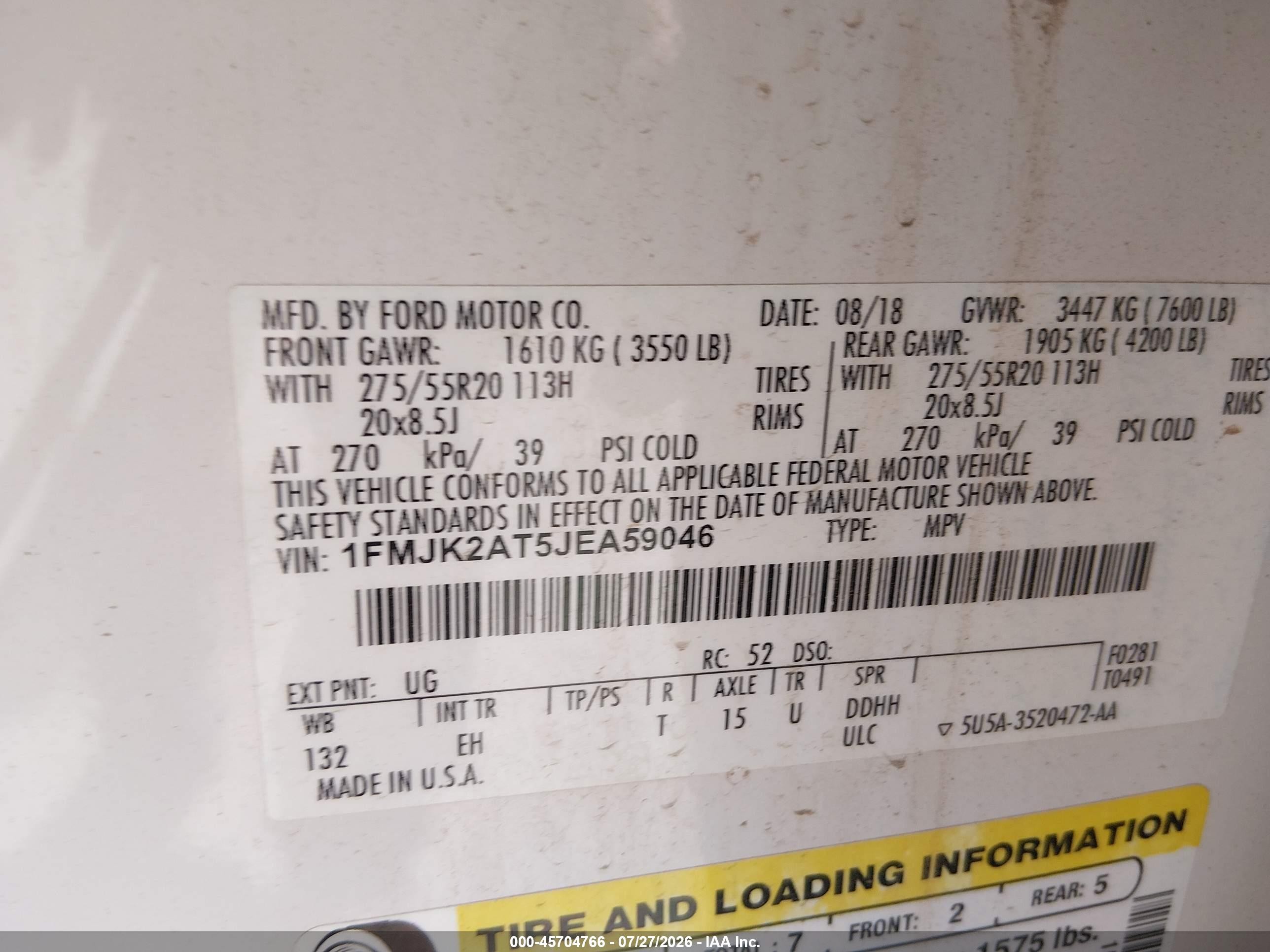 2018 Ford Expedition VIN 1FMJK2AT5JEA59046 IAAI salvage auction — Hail, Clear (Oklahoma), sold $9,000 on 2026-09-12 (photo 9)