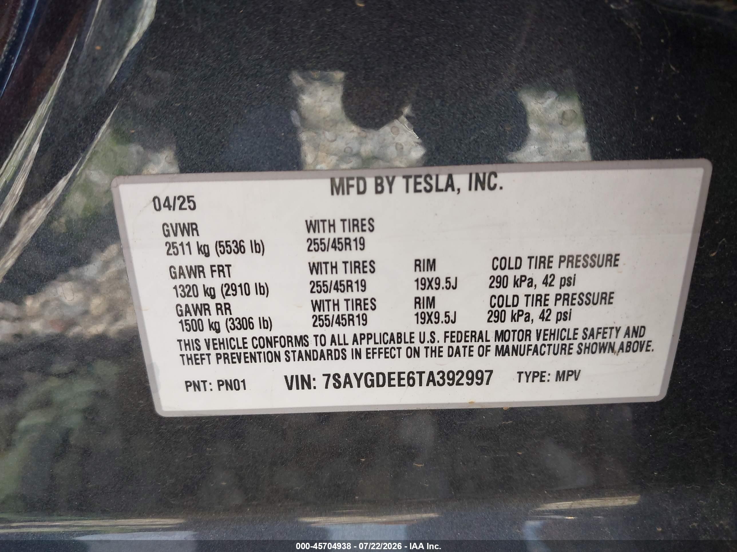 2026 Tesla Model y VIN 7SAYGDEE6TA392997 IAAI salvage auction — Unknown, Salvage (Georgia), sold $22,600 on 2026-10-01 (photo 9)