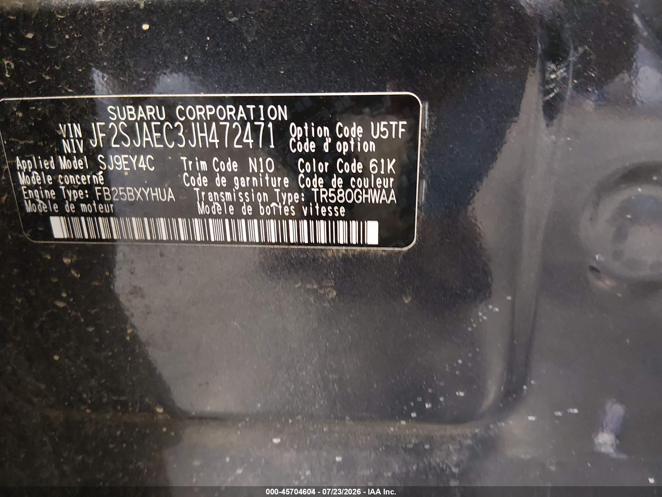 2018 Subaru Forester VIN JF2SJAEC3JH472471 IAAI salvage auction — Front End, Salvage (Idaho), sold $1,300 on 2026-09-14 (photo 9)