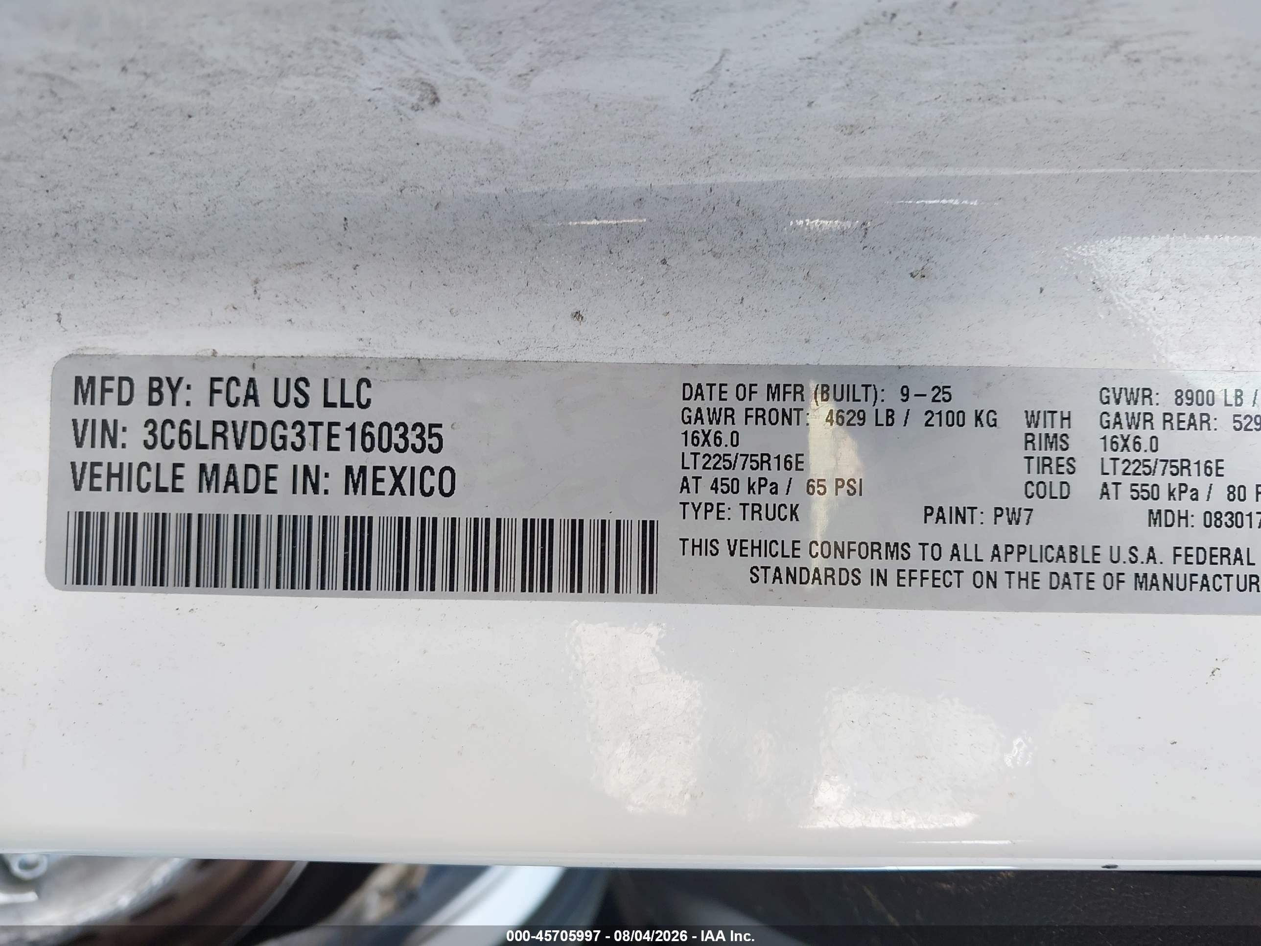 2026 Ram ProMaster 2500 VIN 3C6LRVDG3TE160335 IAAI salvage auction — Unknown, Salvage (Texas), sold $7,725 on 2026-10-06 (photo 9)