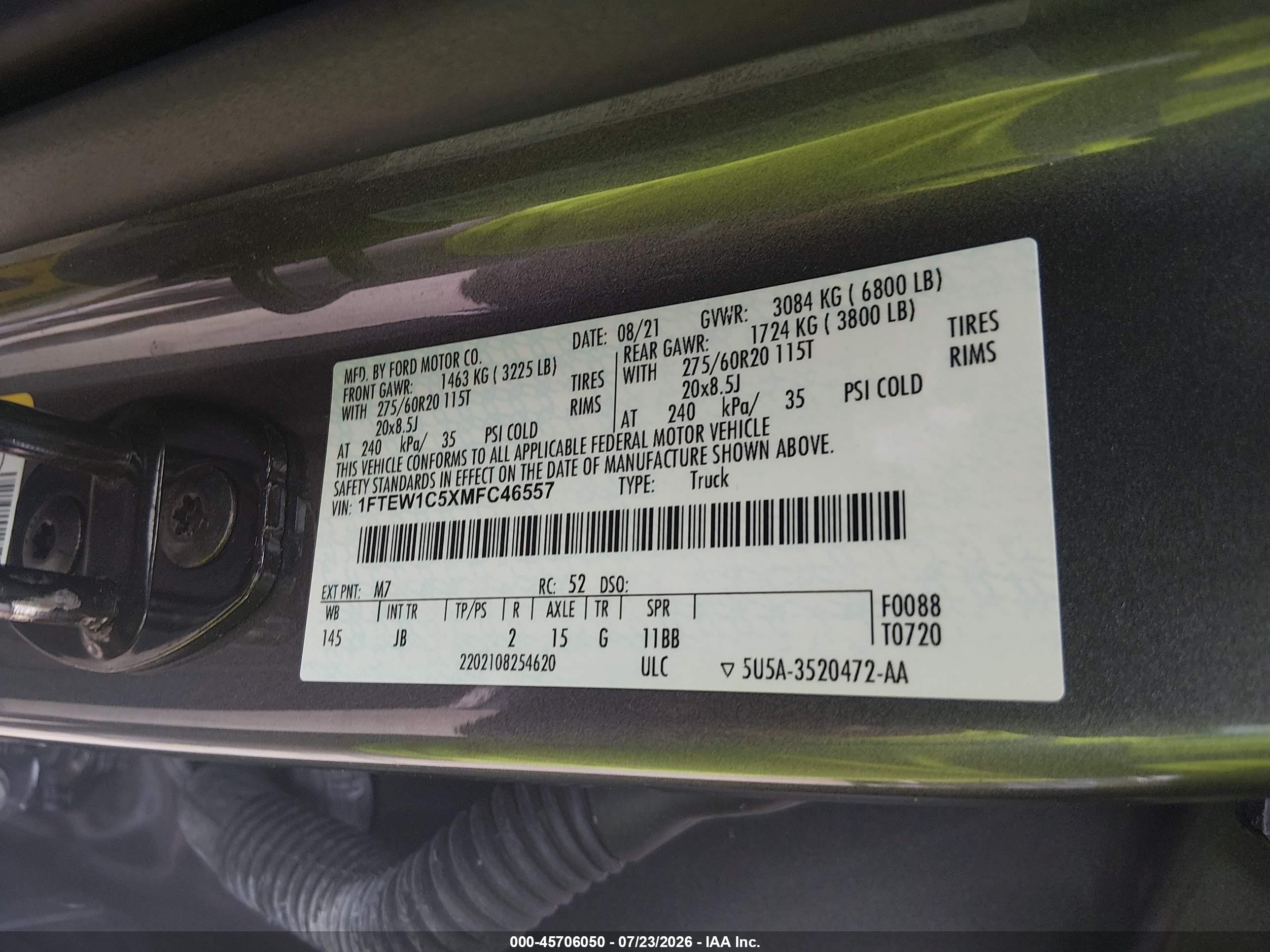 2021 Ford F-150 VIN 1FTEW1C5XMFC46557 IAAI salvage auction — Front End, Salvage (Texas), sold $9,800 on 2026-09-25 (photo 9)