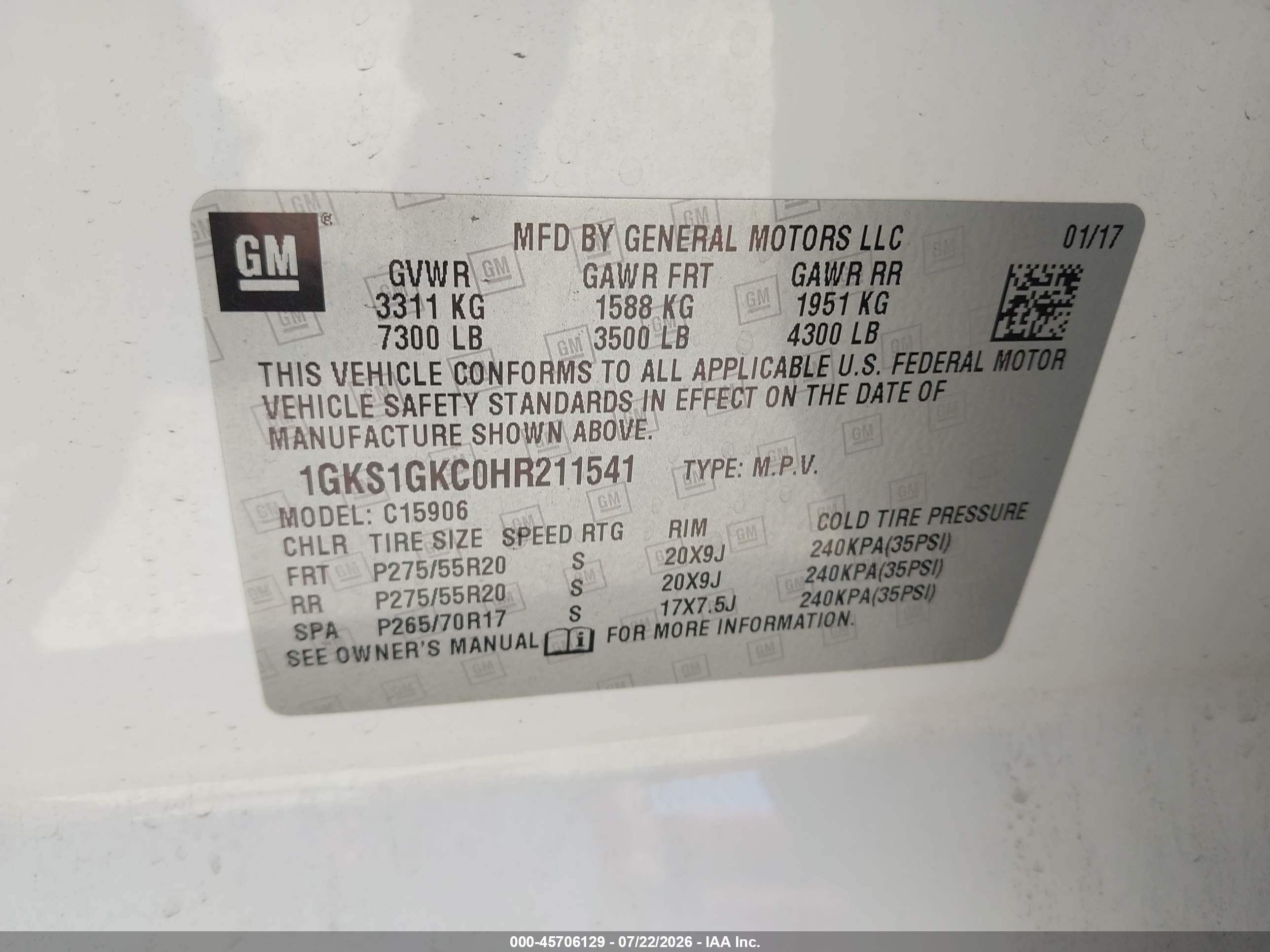 2017 Gmc Yukon VIN 1GKS1GKC0HR211541 IAAI salvage auction — Unknown, Salvage (California), sold $9,000 on 2026-10-05 (photo 9)