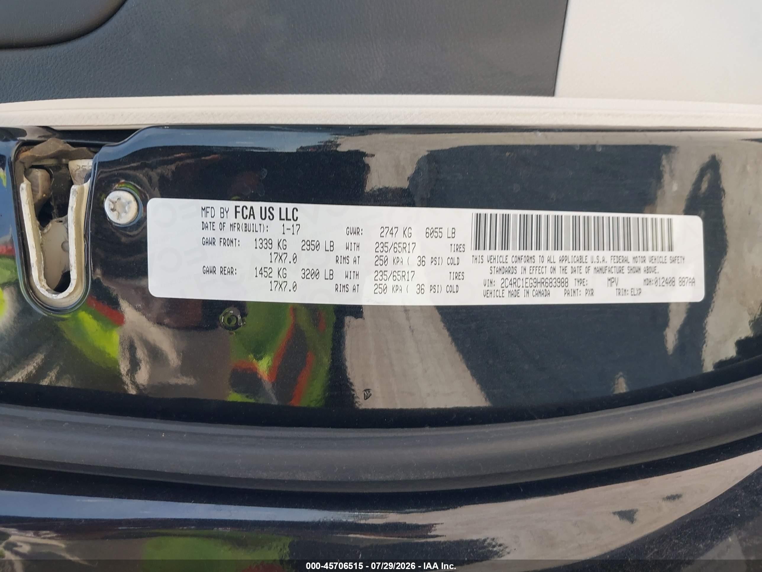2017 Chrysler Pacifica VIN 2C4RC1EG9HR683988 IAAI salvage auction — Unknown, Salvage (Texas), sold $3,950 on 2026-09-11 (photo 9)