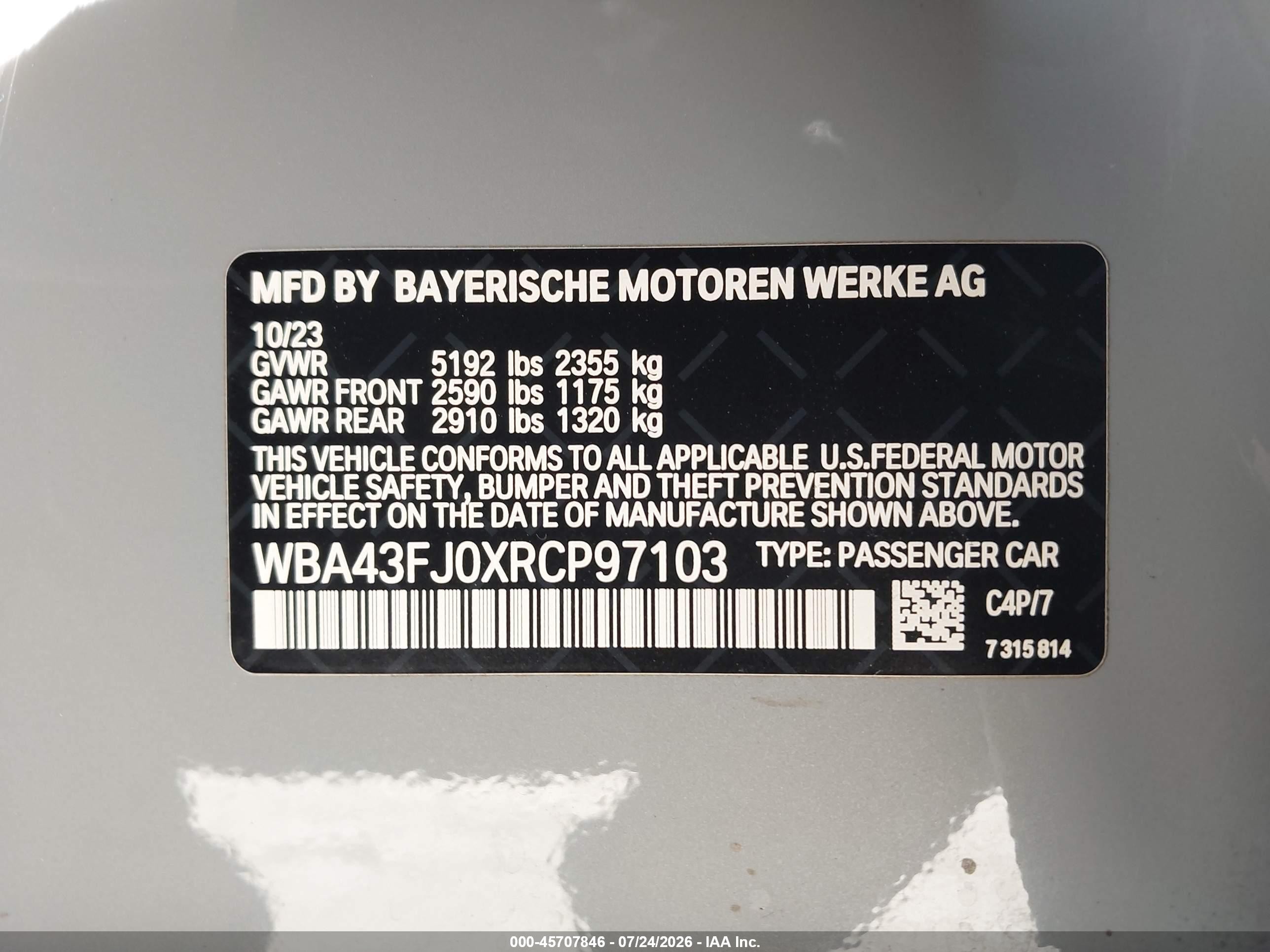 2024 BMW 5 Series VIN WBA43FJ0XRCP97103 IAAI salvage auction — Unknown, Salvage (California), sold $26,750 on 2026-08-20 (photo 9)