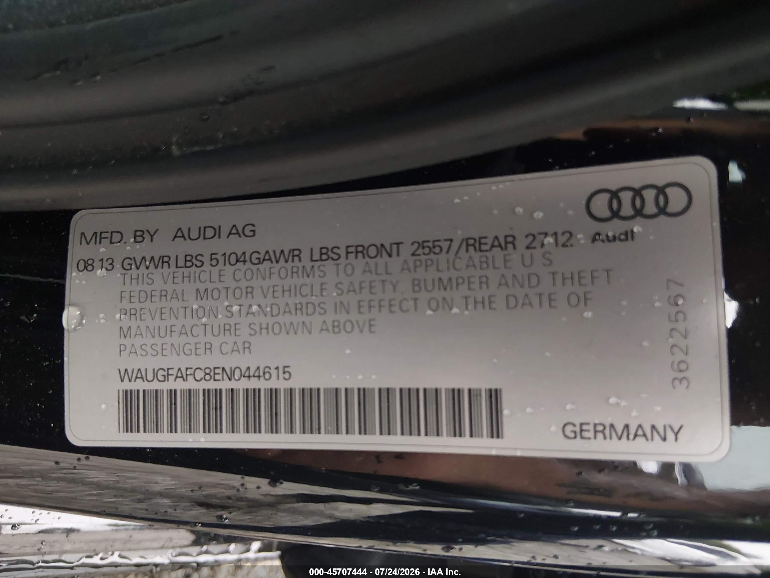 2014 Audi A6 VIN WAUGFAFC8EN044615 IAAI salvage auction — Rear End, Salvage (South Carolina), sold $900 on 2026-09-09 (photo 9)