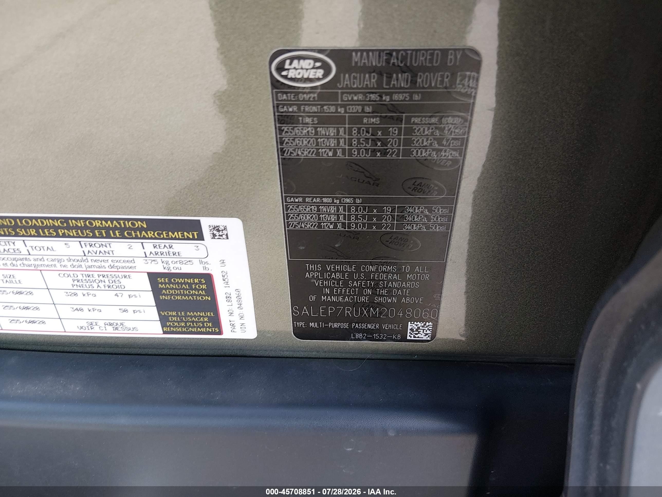 2021 Land rover Defender VIN SALEP7RUXM2048060 IAAI salvage auction — Hail, Original (Texas), sold $27,100 on 2026-08-31 (photo 9)