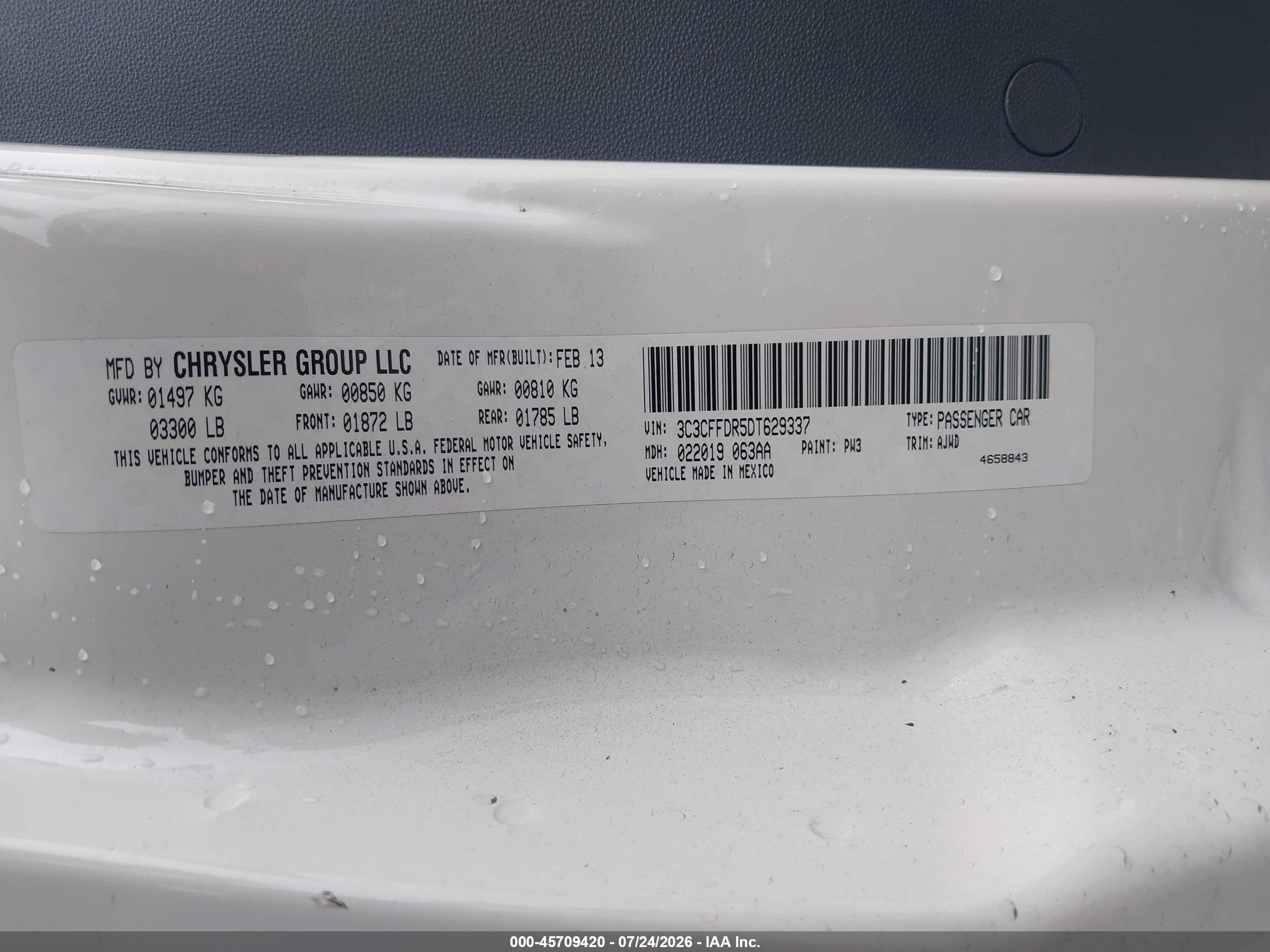 2013 Fiat 500C VIN 3C3CFFDR5DT629337 IAAI salvage auction — Unknown, Salvage (Georgia), sold $550 on 2026-09-29 (photo 9)