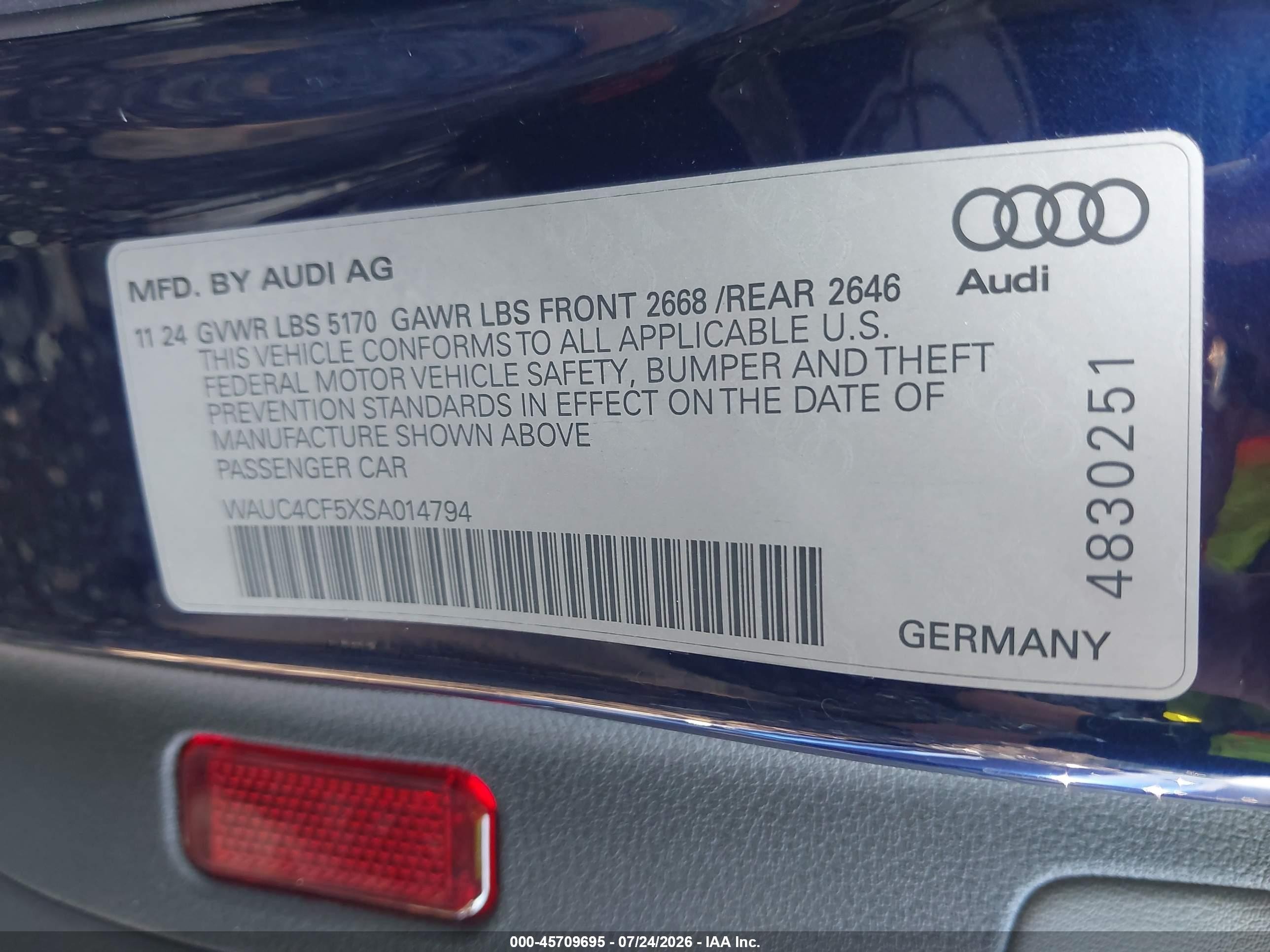 2025 Audi S5 VIN WAUC4CF5XSA014794 IAAI salvage auction — Rear End, Salvage (Ohio), sold $17,625 on 2026-09-02 (photo 9)