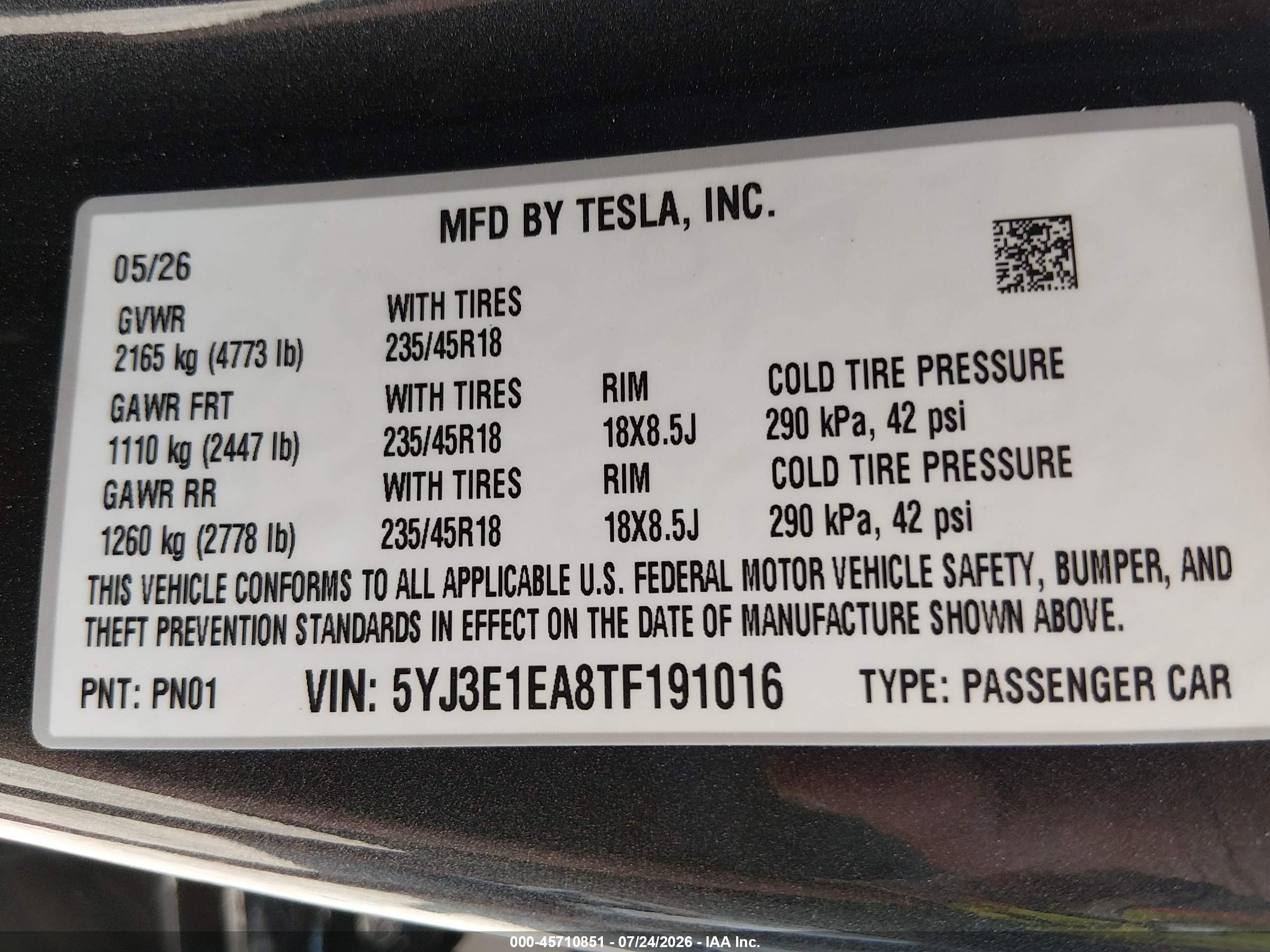2026 Tesla Model 3 VIN 5YJ3E1EA8TF191016 IAAI salvage auction — Front End, Original (Texas), sold $15,000 on 2026-10-02 (photo 9)