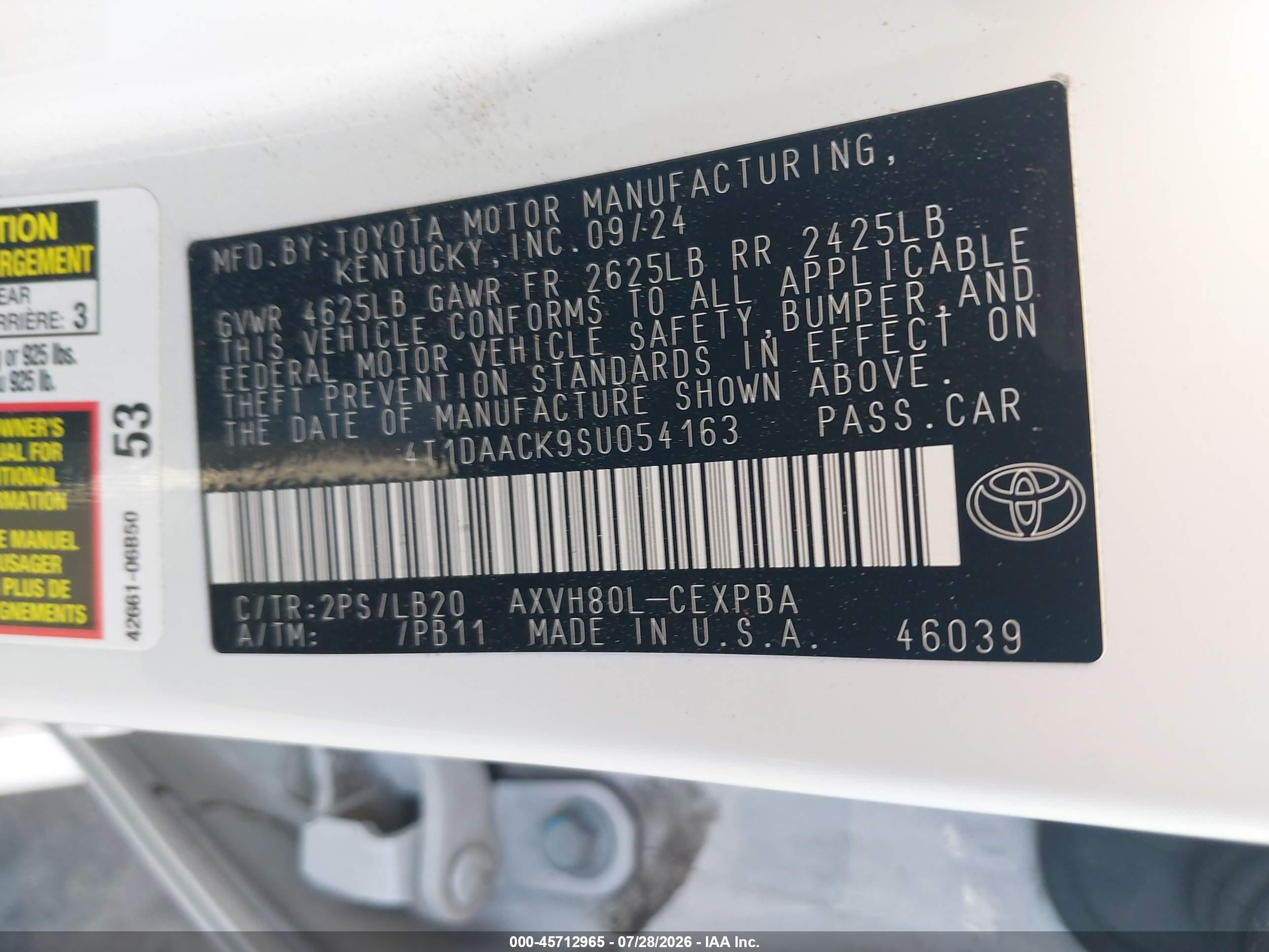 2025 Toyota Camry VIN 4T1DAACK9SU054163 IAAI salvage auction — Rear End, Salvage Certificate (California), sold $16,200 on 2026-09-12 (photo 9)