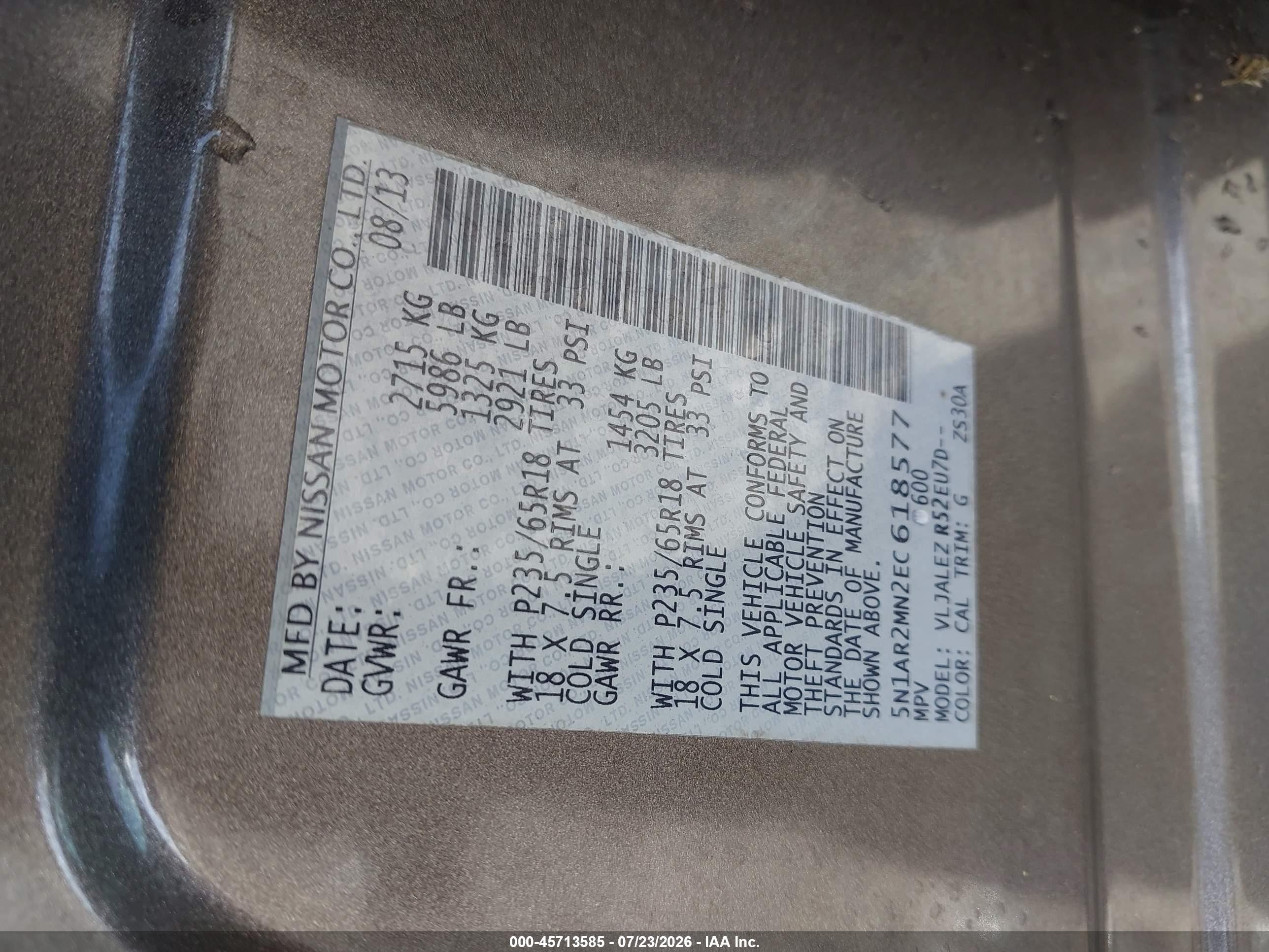 2014 Nissan Pathfinder VIN 5N1AR2MN2EC618577 IAAI salvage auction — Normal Wear, Repossession Paperwork (Georgia), sold $325 on 2026-09-08 (photo 9)