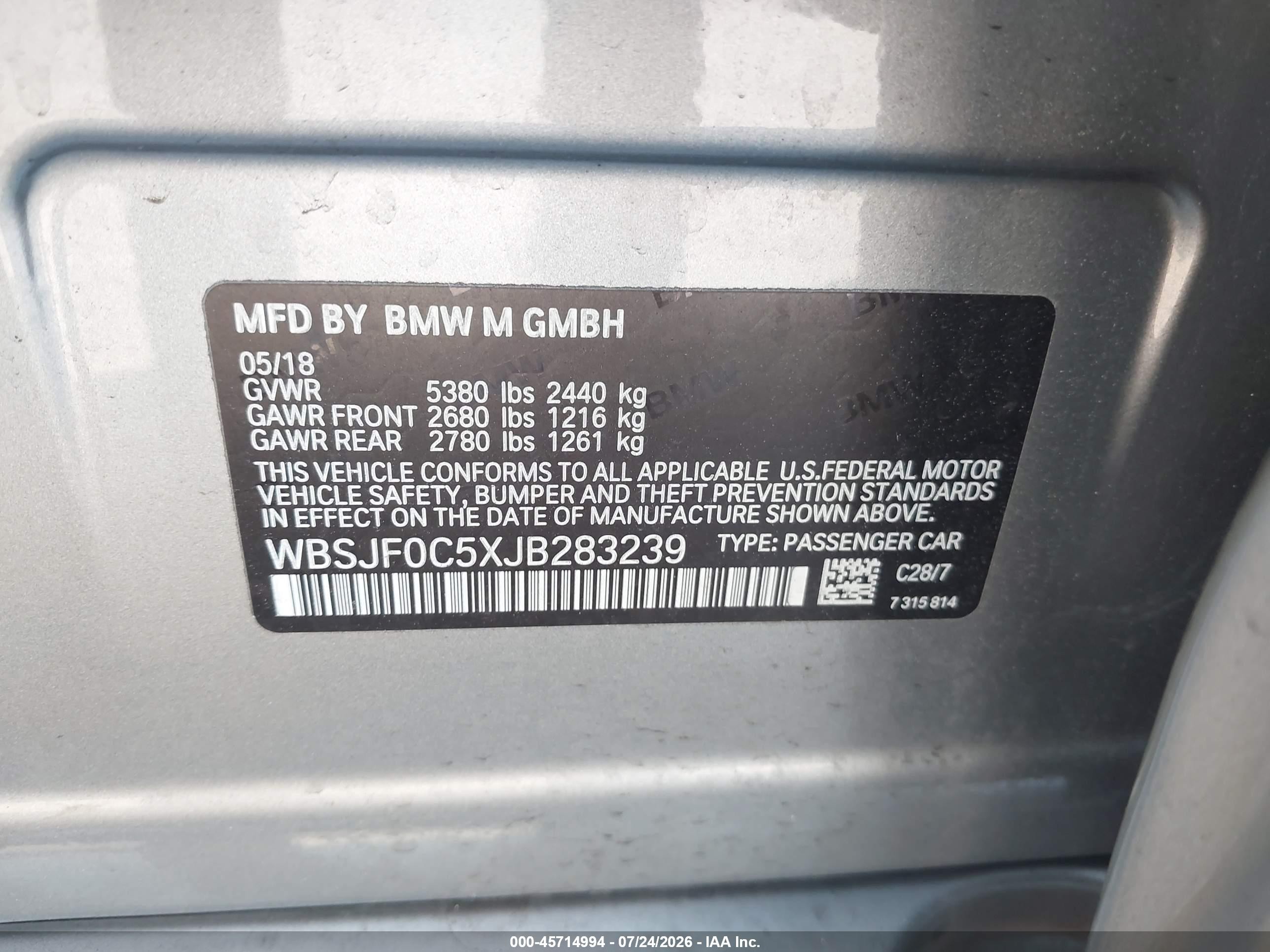 2018 BMW M5 VIN WBSJF0C5XJB283239 IAAI salvage auction — Front End, Salvage (Pennsylvania), sold $15,050 on 2026-08-21 (photo 9)