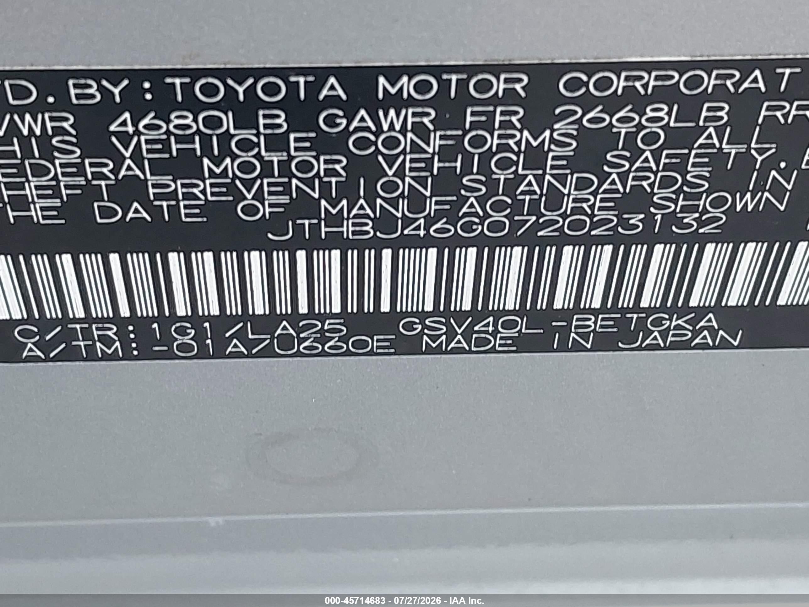 2007 Lexus Es 350 VIN JTHBJ46G072023132 IAAI salvage auction — Normal Wear, Clear (New York), sold $900 on 2026-09-11 (photo 9)