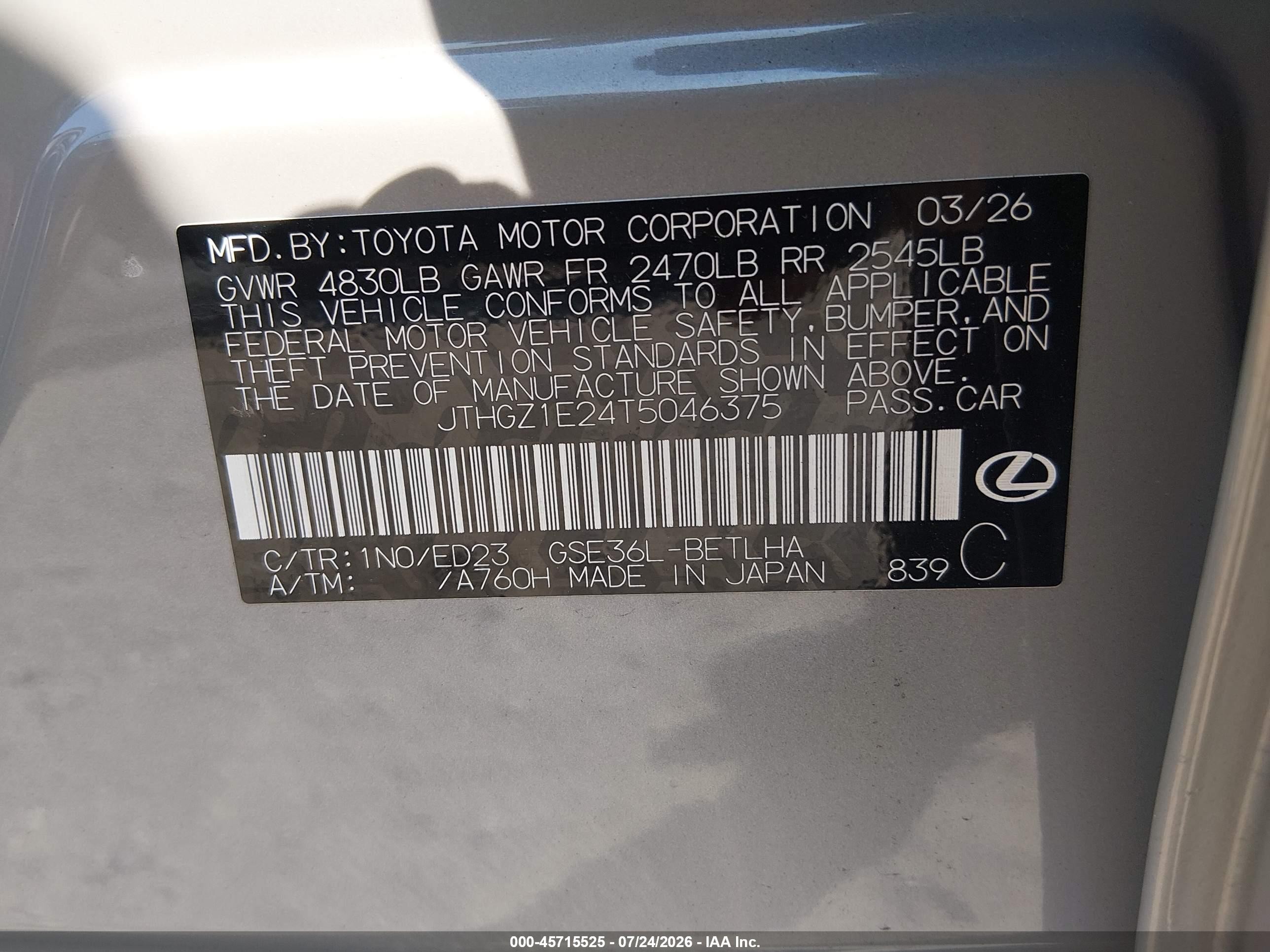 2026 Lexus Is VIN JTHGZ1E24T5046375 IAAI salvage auction — Rear End, Salvage (Delaware), sold $28,000 on 2026-09-23 (photo 9)