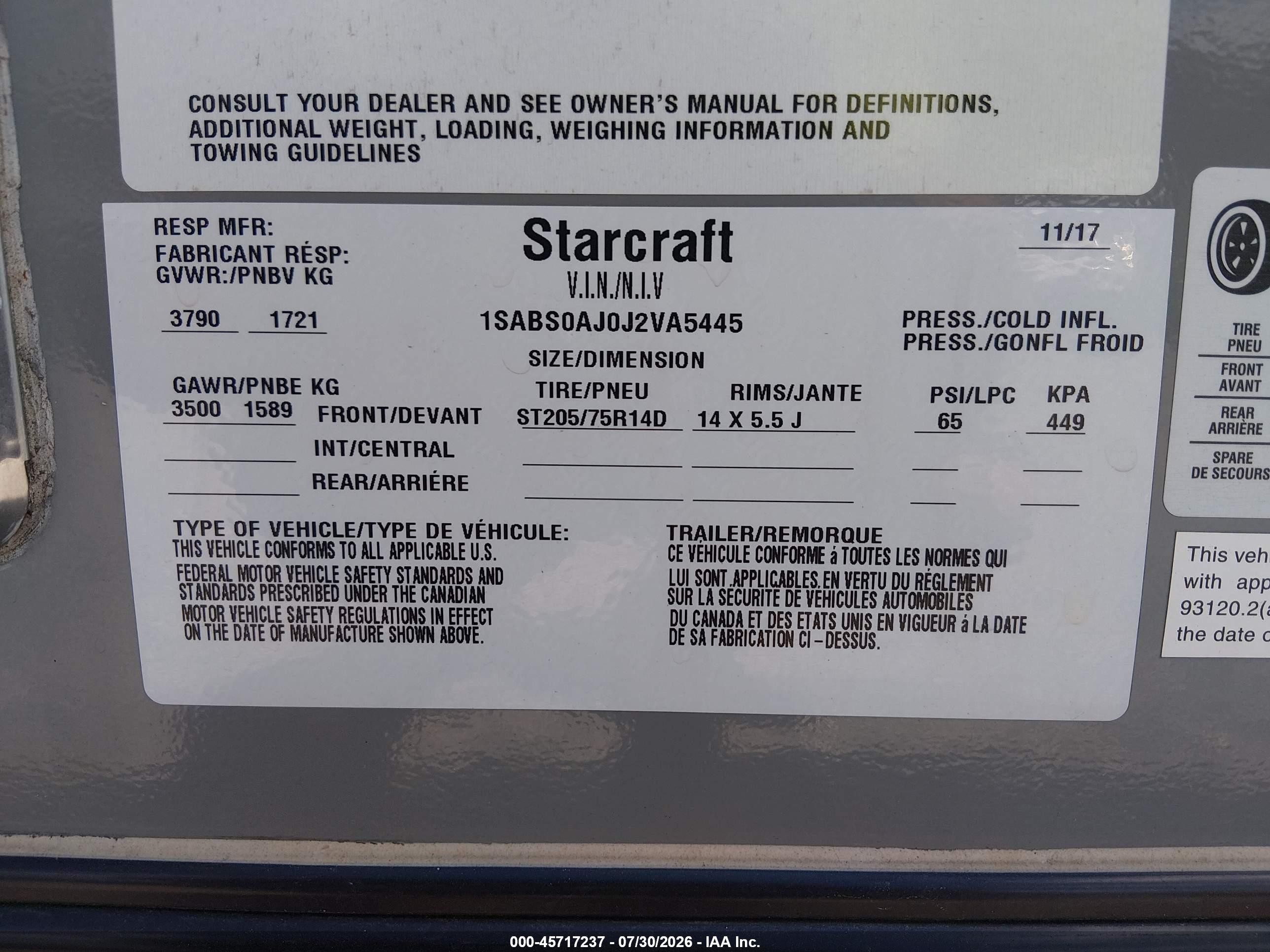 2018 Starcraft Satellite VIN 1SABS0AJ0J2VA5445 IAAI salvage auction — Rear End, Salvage (Pennsylvania), sold $750 on 2026-09-16 (photo 9)