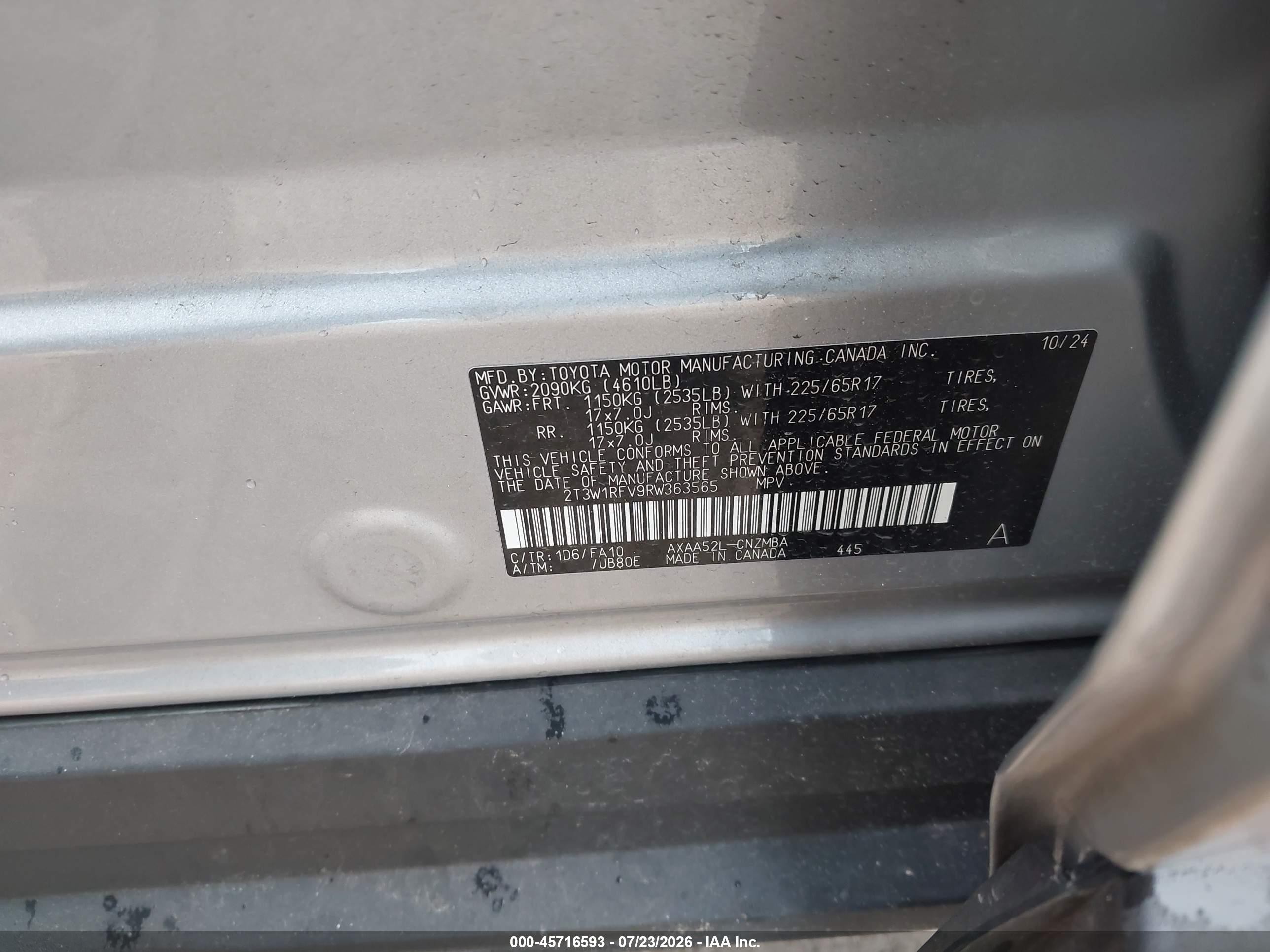 2024 Toyota RAV4 VIN 2T3W1RFV9RW363565 IAAI salvage auction — Unknown, Original (Texas), sold $23,600 on 2026-09-04 (photo 9)
