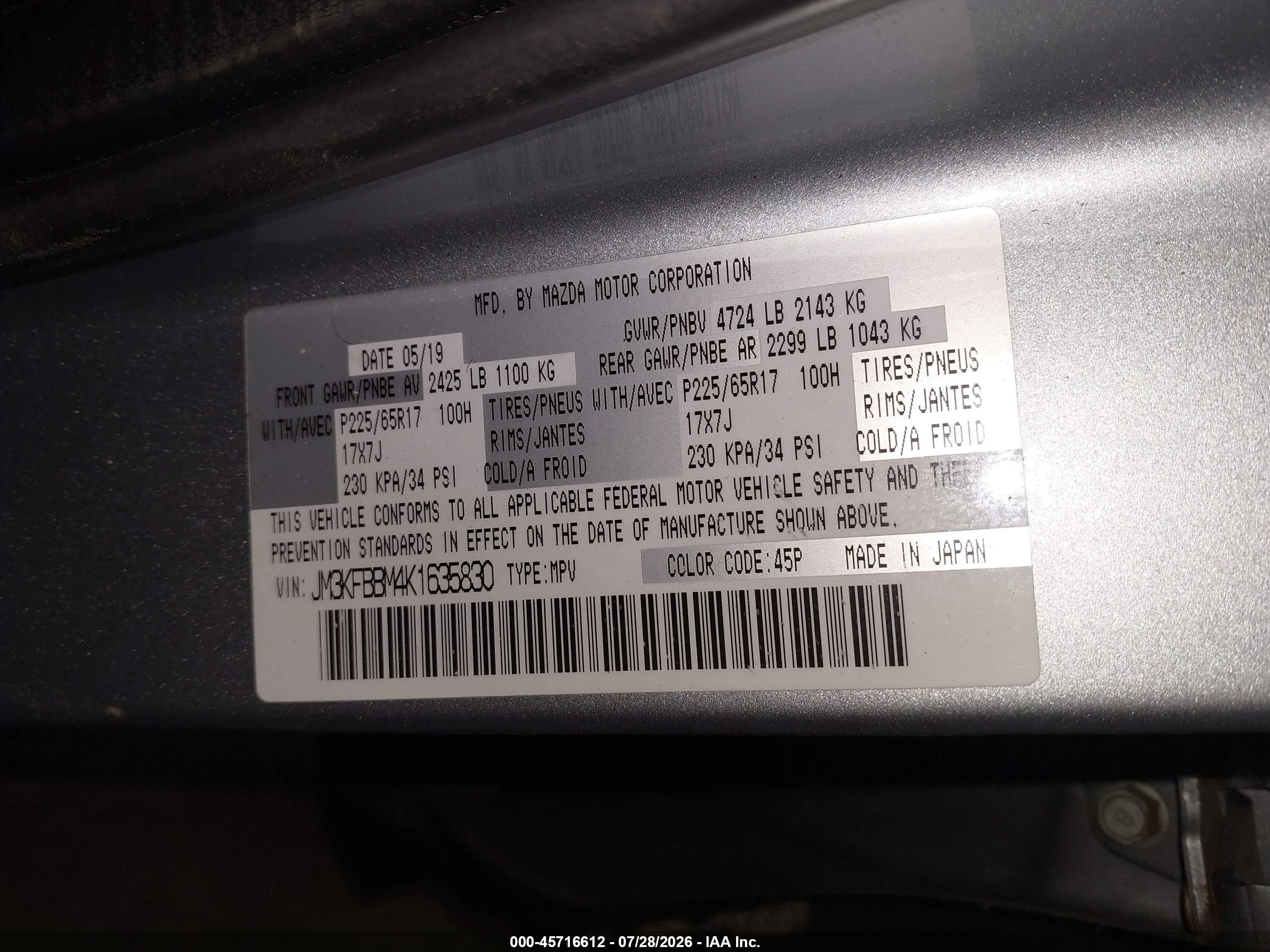 2019 Mazda Cx-5 VIN JM3KFBBM4K1635830 IAAI salvage auction — Side, Salvage (Idaho), sold $4,550 on 2026-09-03 (photo 9)