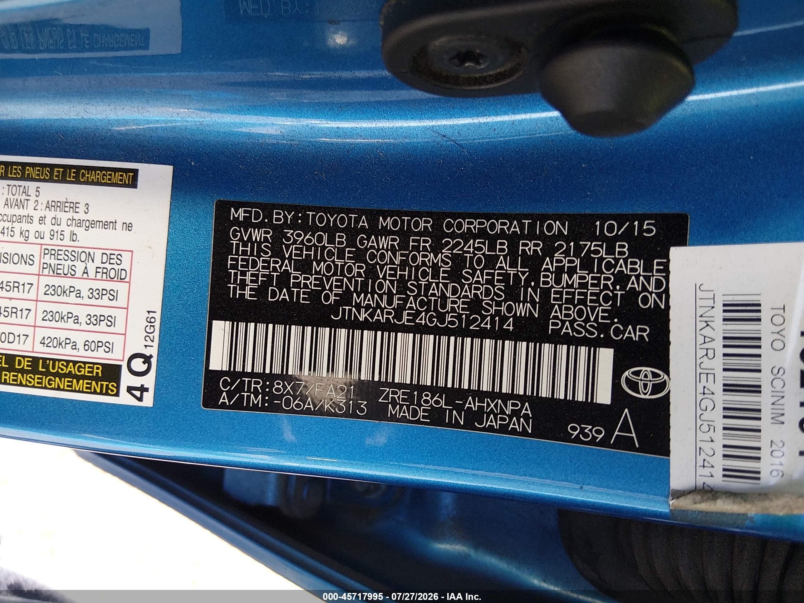 2016 Scion Im VIN JTNKARJE4GJ512414 IAAI salvage auction — Undercarriage, Salvage Certificate (California), sold $1,100 on 2026-09-24 (photo 9)